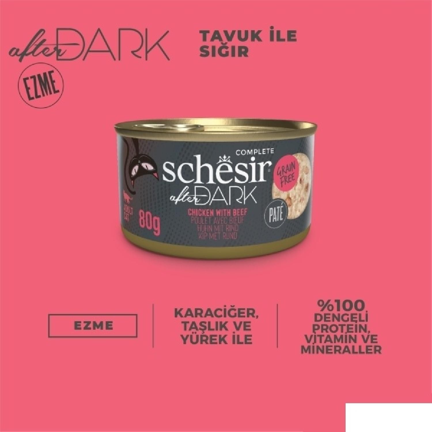 Schesir After Dark Tavuk ile Sığır Et Suyunda Yetişkin Kedi Konservesi 80g