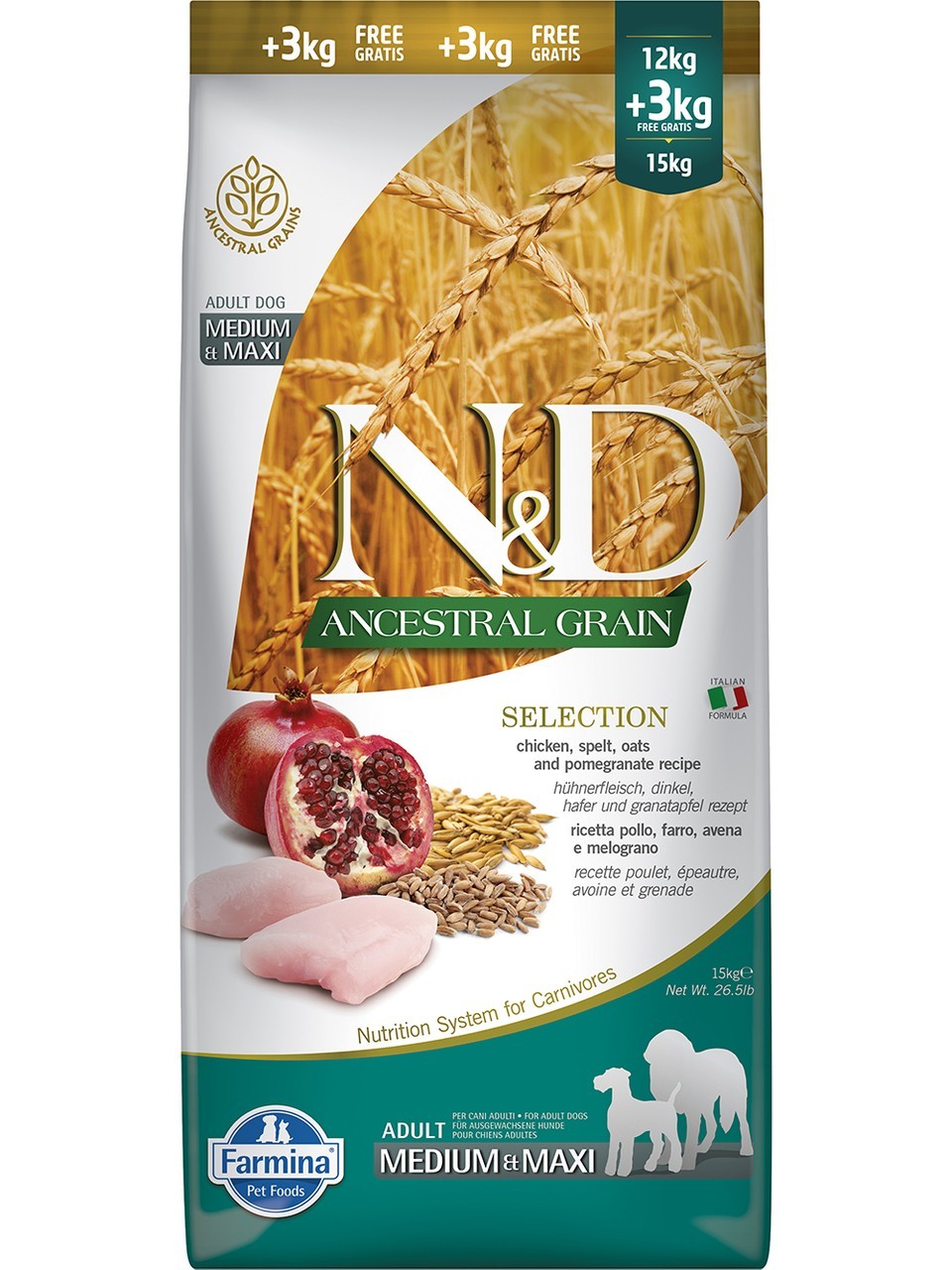 N&D Düşük Tahıllı Tavuk Etli ve Narlı Kuru Köpek Maması 12+3 Kg