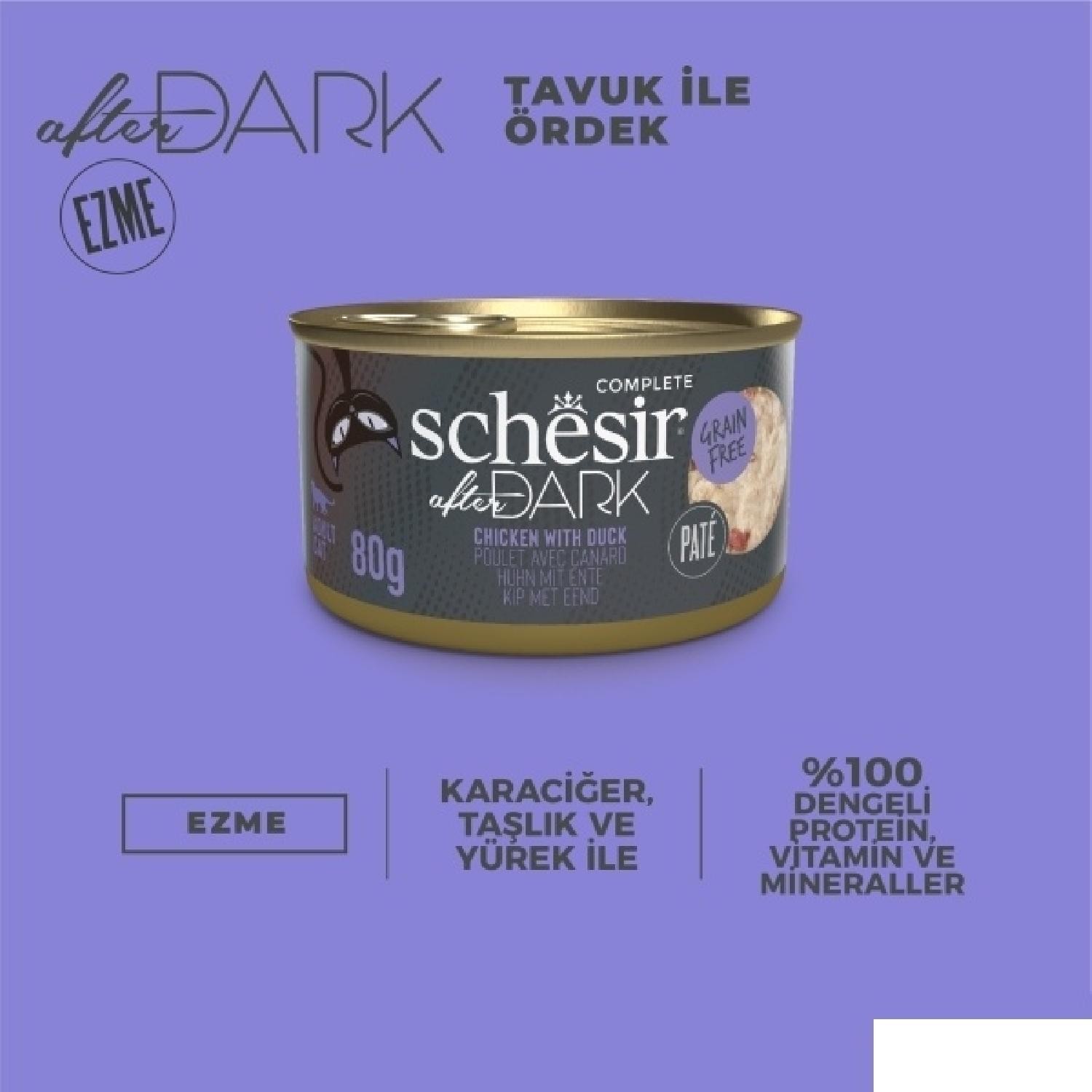 Schesir After Dark Tavuk ile Ördek Et Suyunda Yetişkin Kedi Konservesi 80g