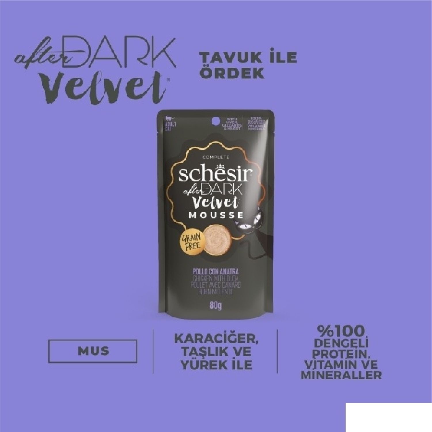 Schesir After Dark Tavuk ile Ördek Mus Yetişkin Kedi Pouch 80g