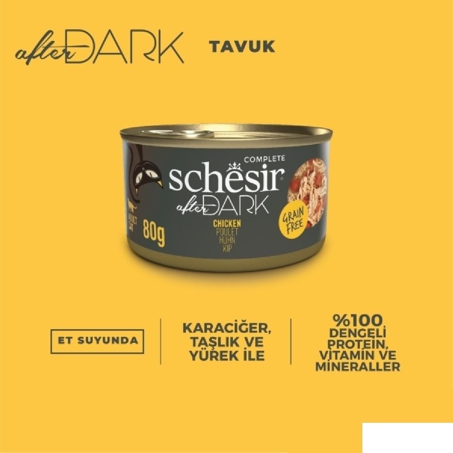 Schesir After Dark Tavuk Et Suyunda Yetişkin Kedi Konservesi 80g