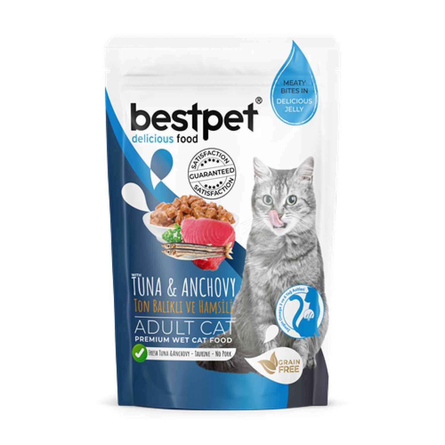 Bestpet Yetişkin Kediler İçin, Tahılsız, Jöle İçinde Tuna Ve Hamsi Parça Etli Yaş Mama 85 gr