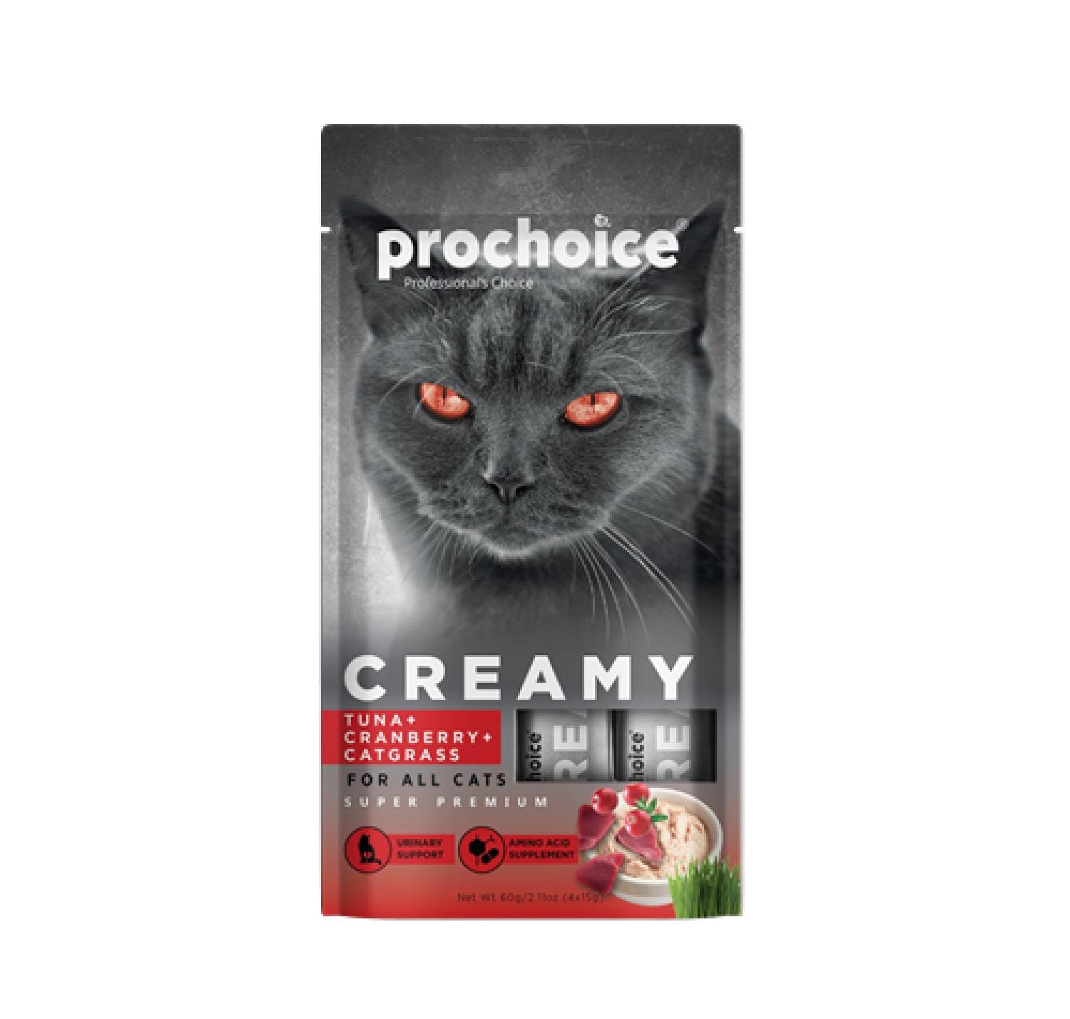 Prochoice Creamy Kediler İçin Tuna Balığı, Kızılcık ve Kedi Otlu Sıvı Ödül Maması 4x15 gr
