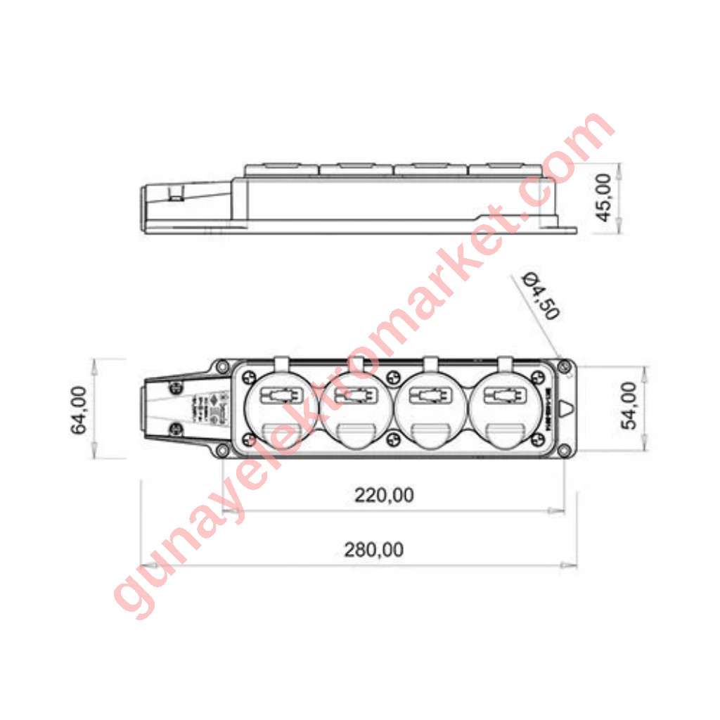 Bemis 1x16A Kauçuk Dörtlü Grup Priz 2P+E 220V BK1-1402-3614