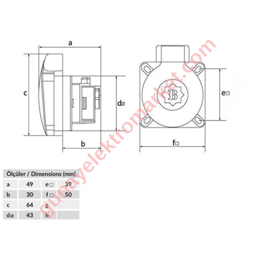 Bemis 1x16A CE NORM Pano Prizi Yatay Giriş 2P+E 220V BY8-1402-2700