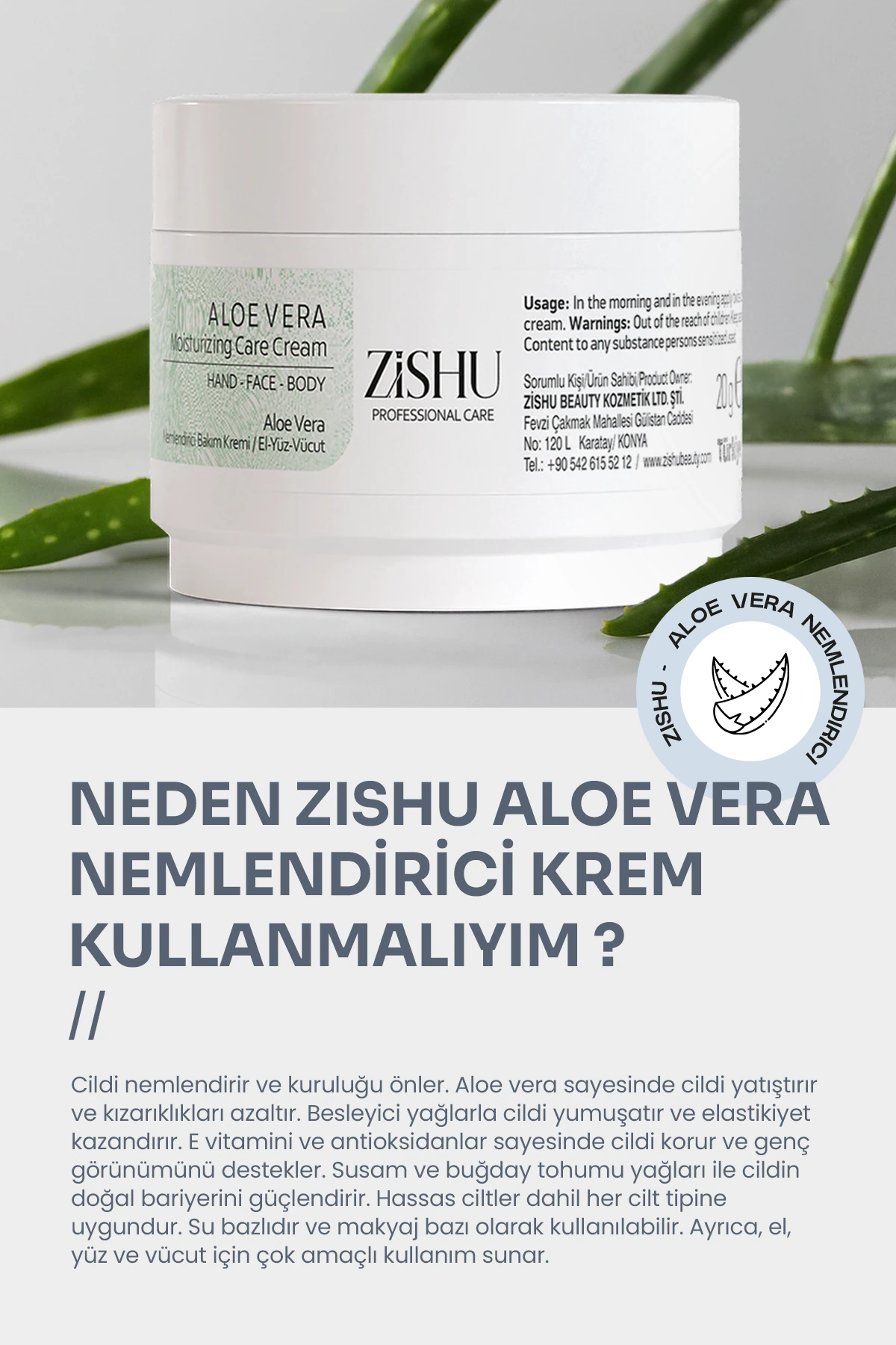 Aloe Vera Nemlendirici Krem – El, Yüz ve Vücut 20 ml 
