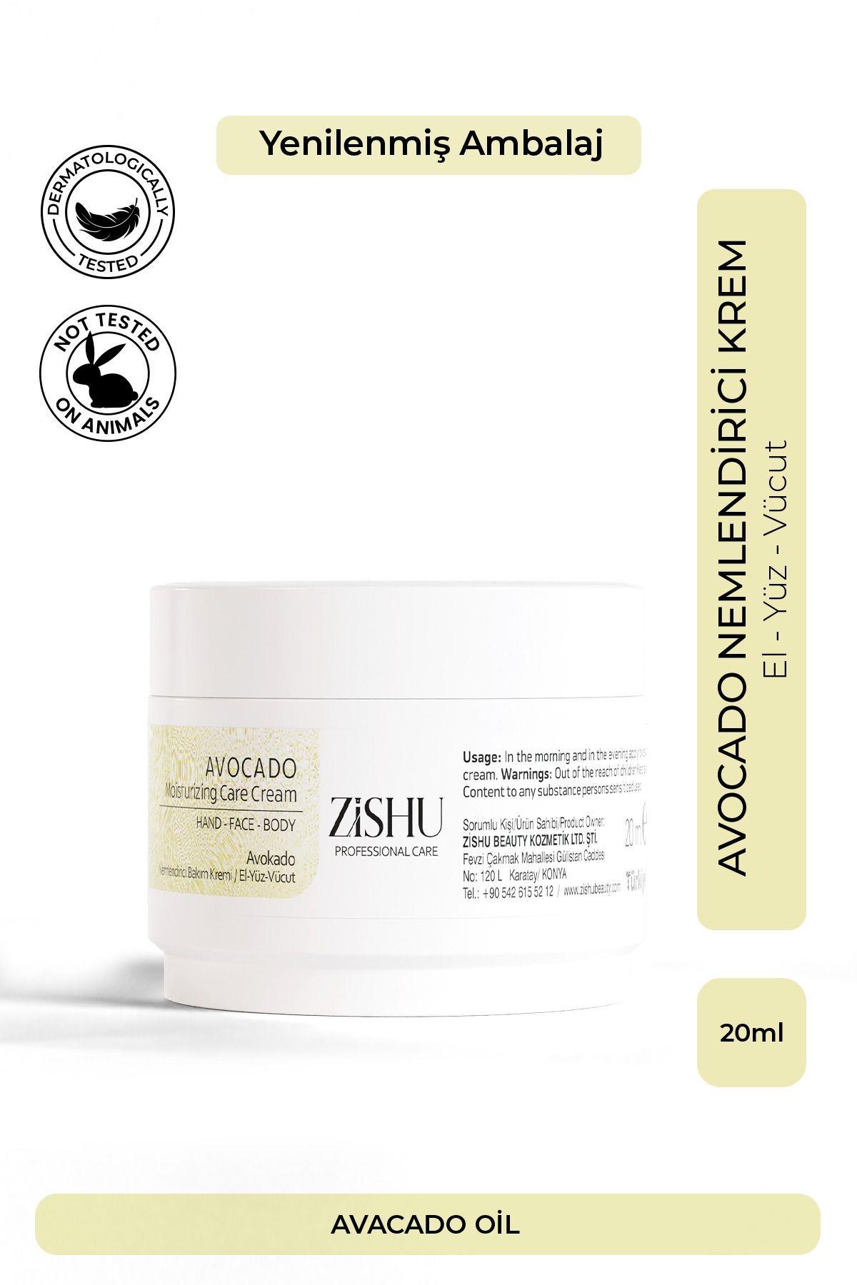 Avokado Nemlendirici El,Yüz ve Vücut Kremi - 20ml