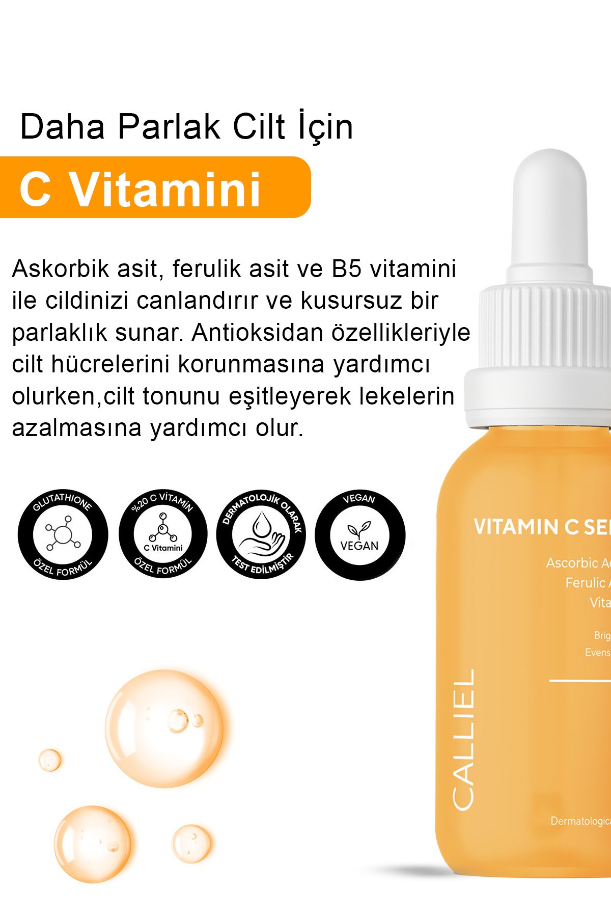 Leke Karşıtı Aydınlatıcı Glutatyonlu Vitamin C Serum ,ferulic Asit ,%20 Ascorbic Asit 30 ml