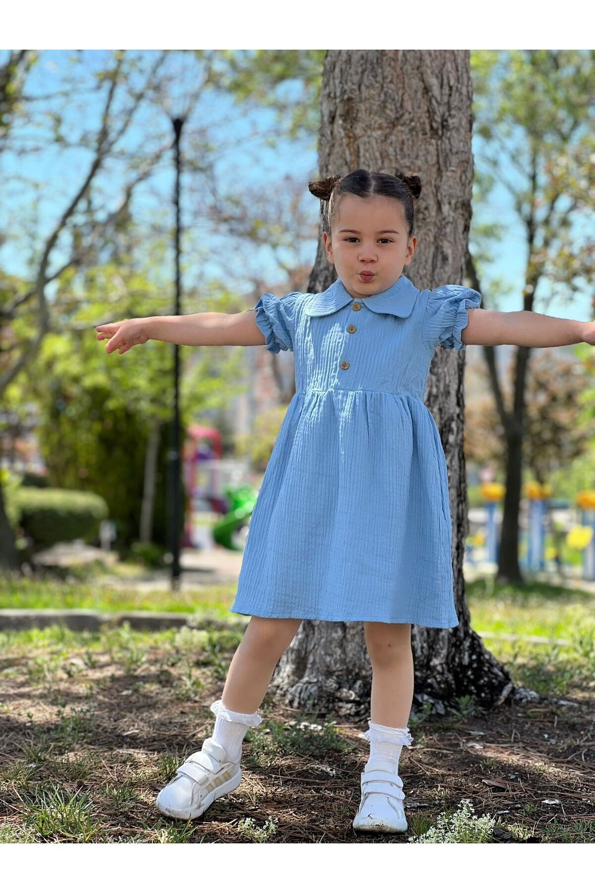 Kız Çocuk Astarlı Gömlek Yakalı Önü Düğmeli Müslin Elbise