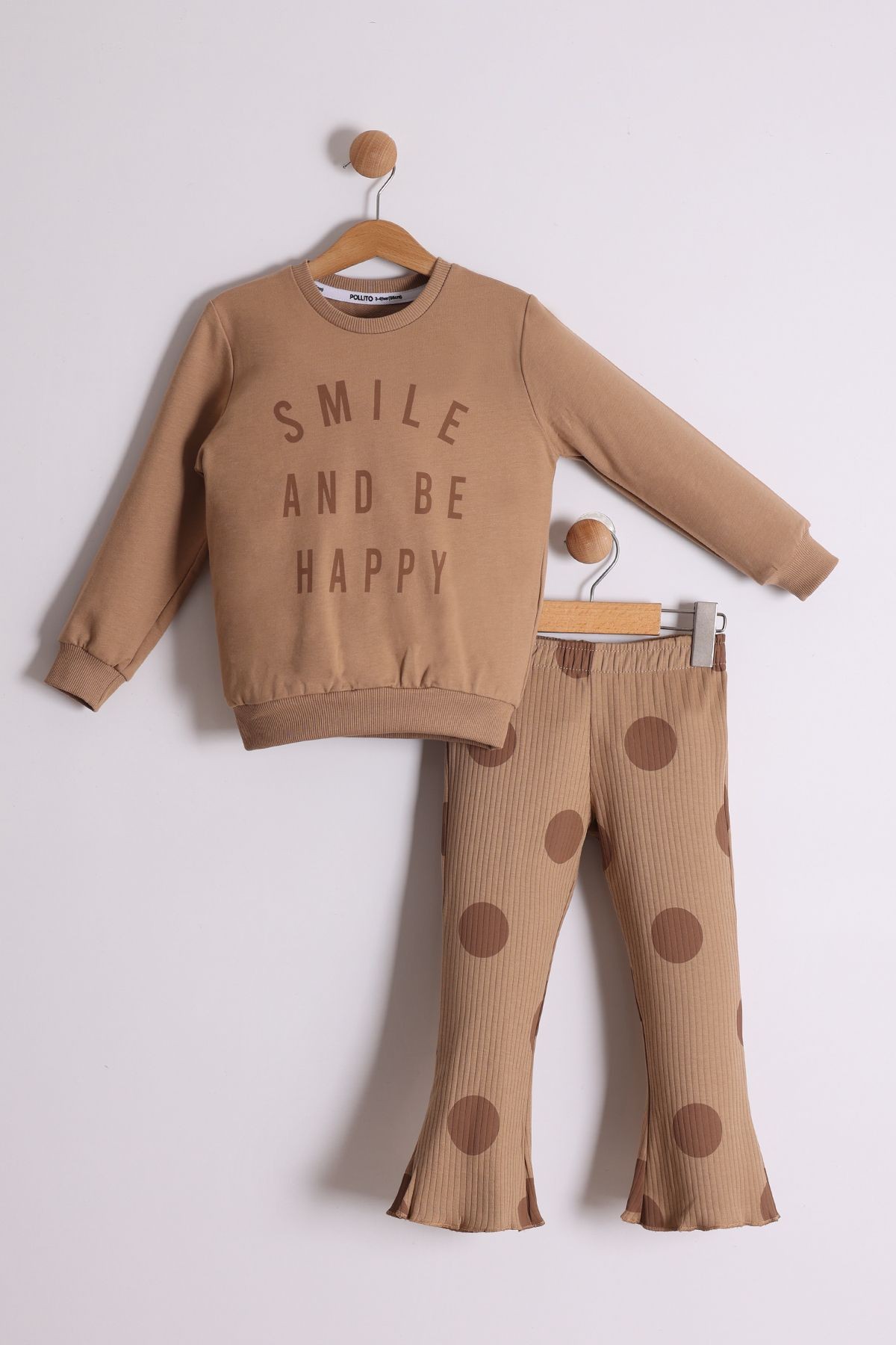 Kız Çocuk Mevsimlik Smile And Be Happy Baskılı Sweat Puantiyeli Fitilli Tayt 2'li Takım - kahverengi