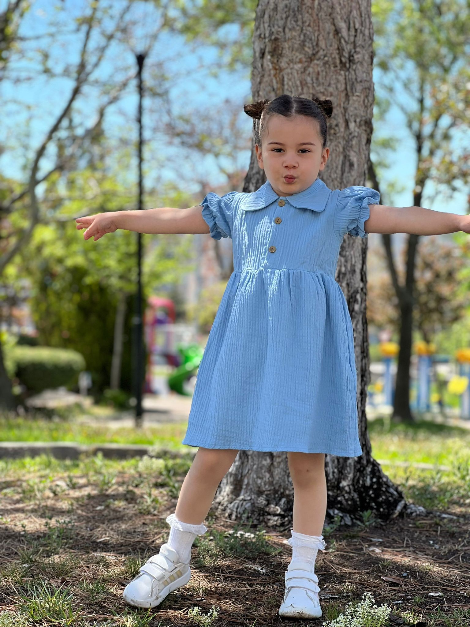 Kız Çocuk Astarlı Gömlek Yakalı Önü Düğmeli Müslin Elbise