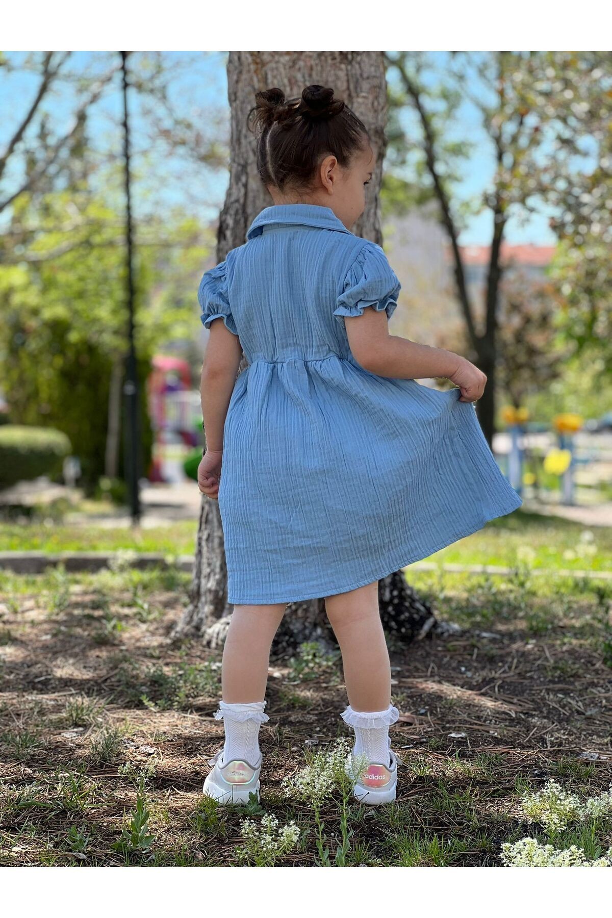 Kız Çocuk Astarlı Gömlek Yakalı Önü Düğmeli Müslin Elbise