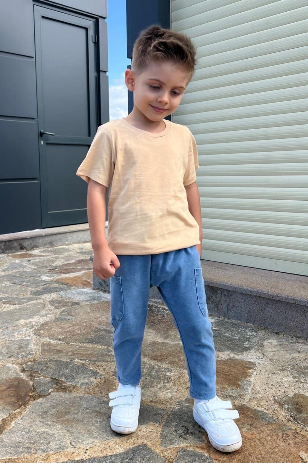 Çocuk Bej Bisiklet Yaka Basic Düz T-shirt %100 Pamuk - bej
