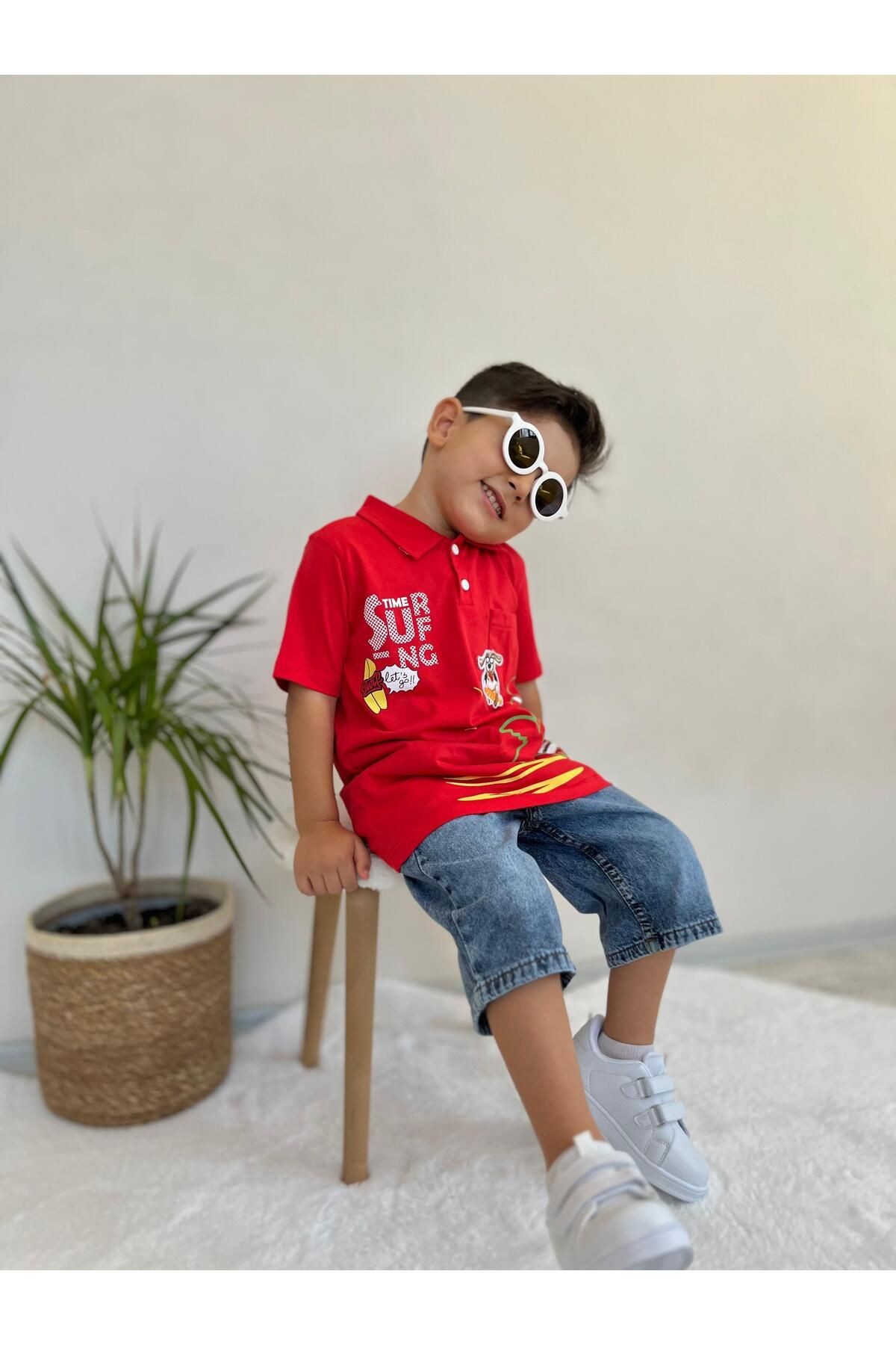 Erkek Çocuk Summer Baskılı Polo Yaka Saks Mavi Tişört Kot Şort 2'li Takım