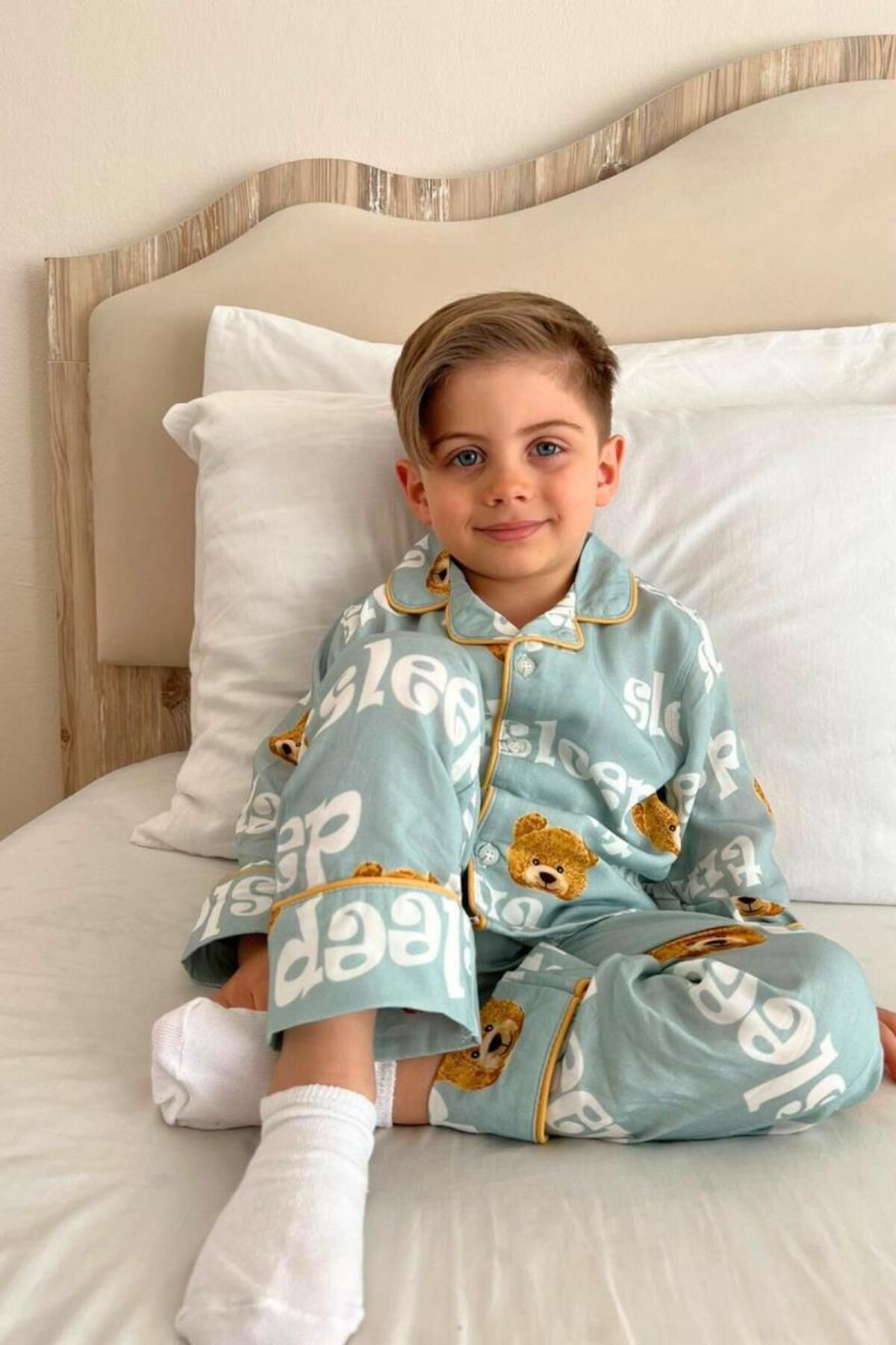 Unisex Çocuk Önü Düğmeli Mavi Ayıcık Sleep Desenli 2 Parça Pijama takımı