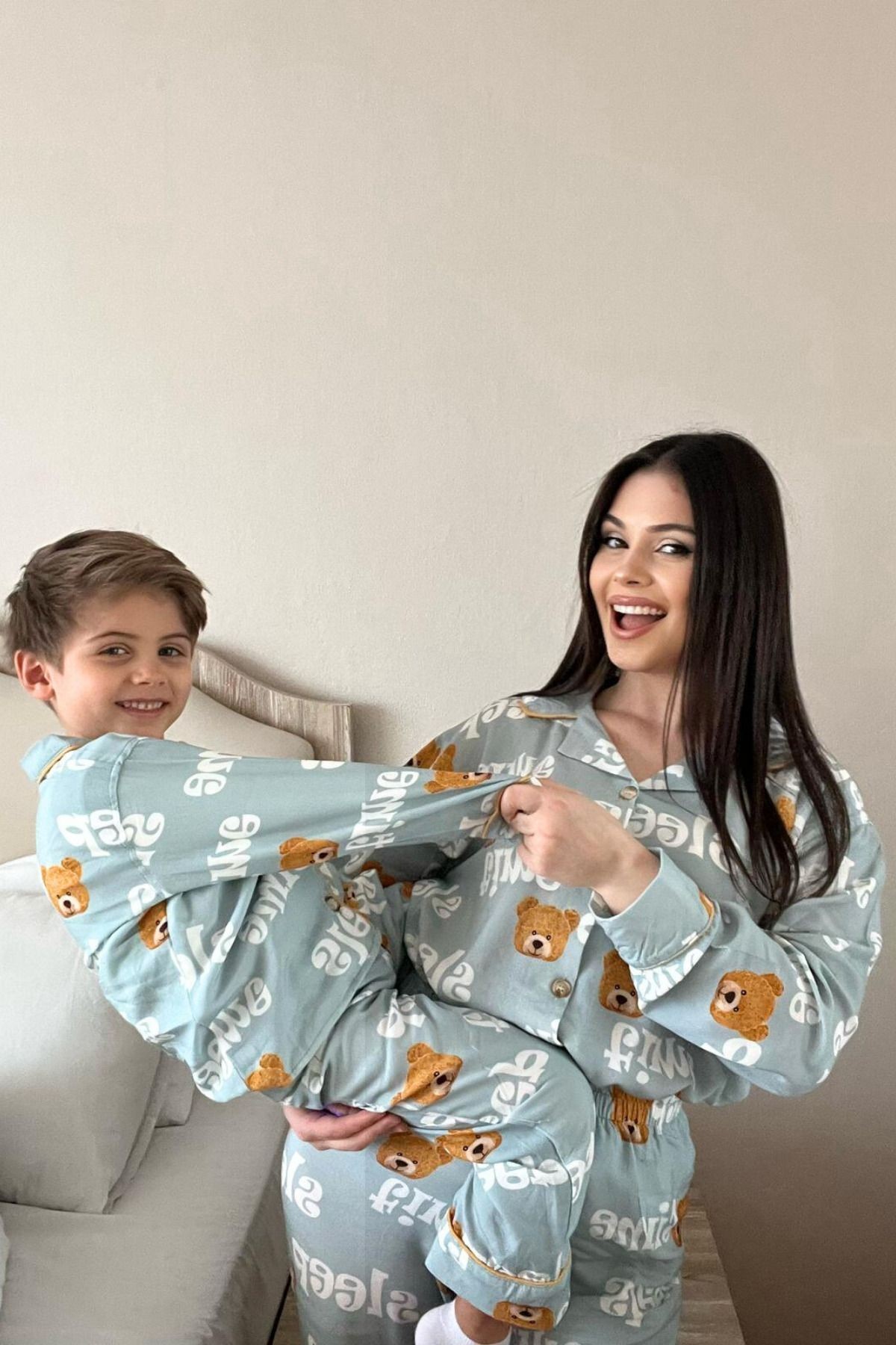 Unisex Çocuk Önü Düğmeli Mavi Ayıcık Sleep Desenli 2 Parça Pijama takımı