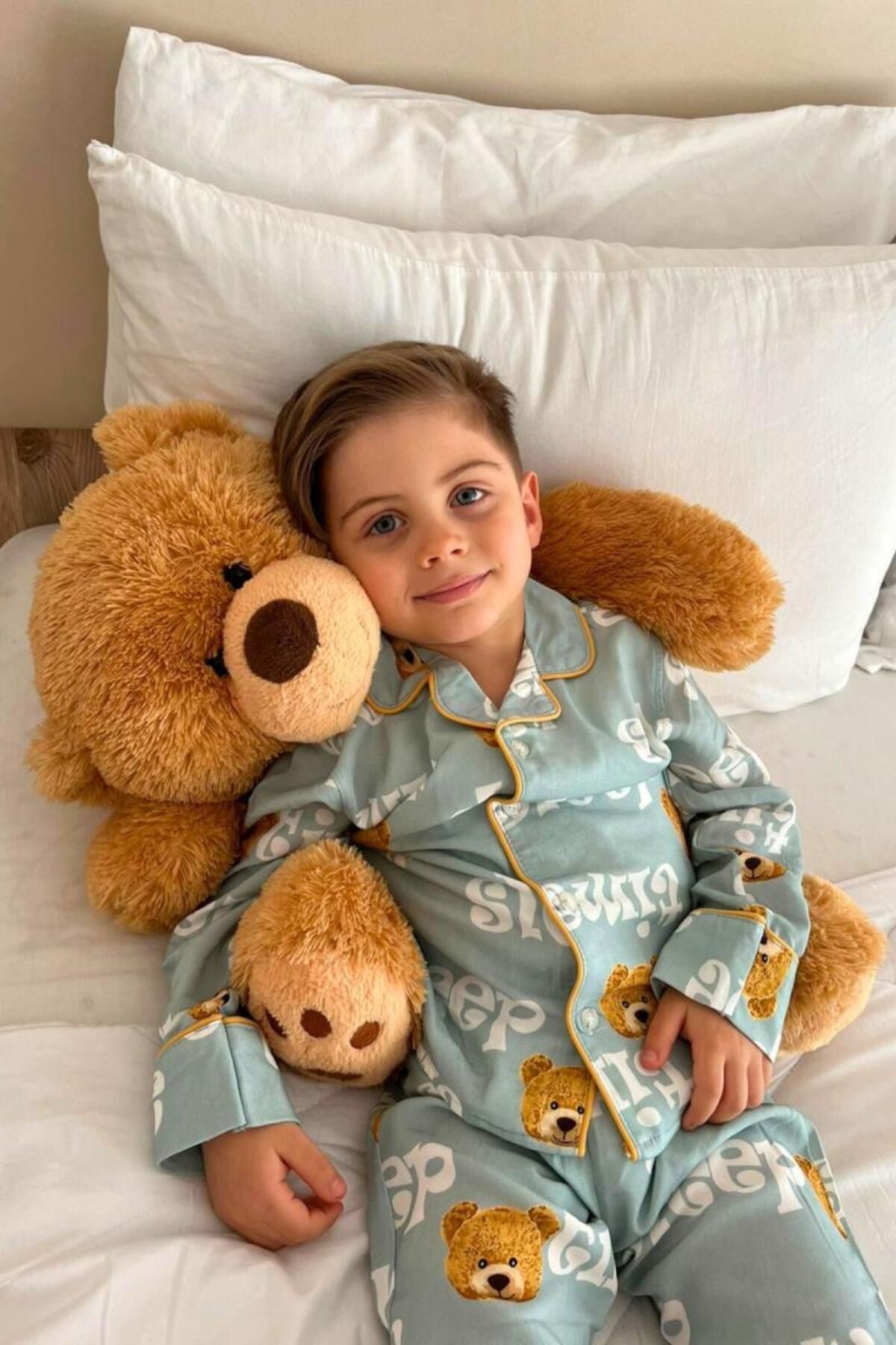 Unisex Çocuk Önü Düğmeli Mavi Ayıcık Sleep Desenli 2 Parça Pijama takımı
