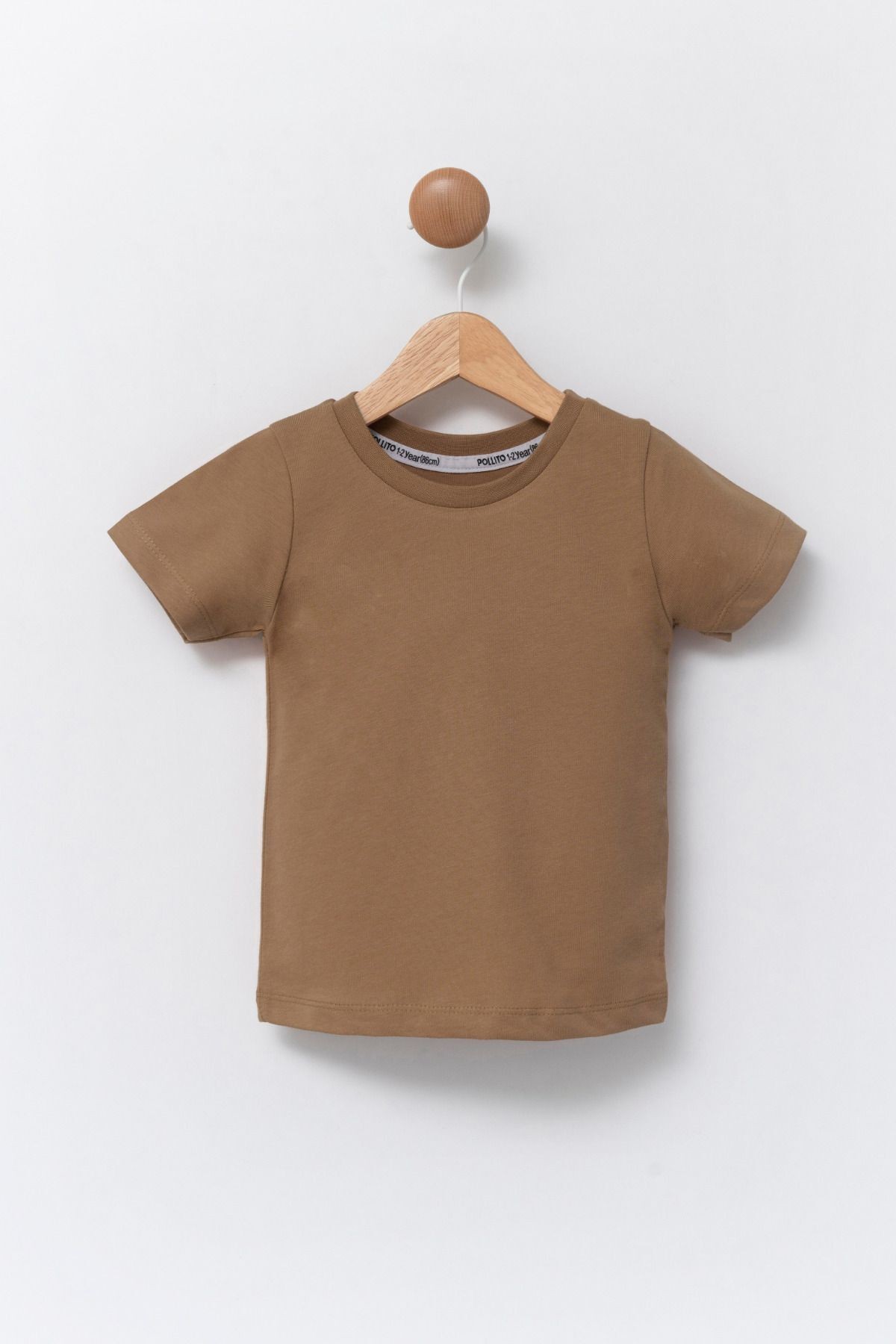 Çocuk Bej Bisiklet Yaka Basic Düz T-shirt %100 Pamuk - kahverengi