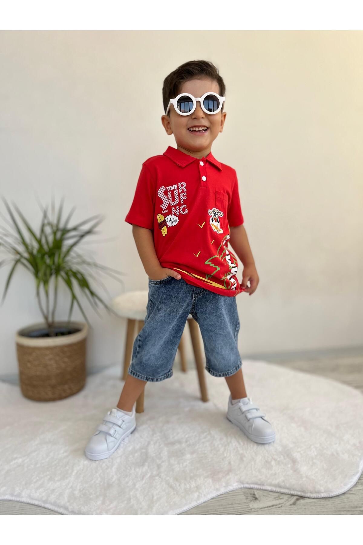 Erkek Çocuk Summer Baskılı Polo Yaka Saks Mavi Tişört Kot Şort 2'li Takım - kırmızı