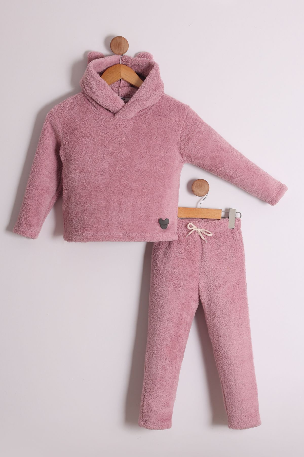 Unisex Çocuk Bej Kapüşonlu Mickey Etiket Detaylı Peluş Sweatshirt Ve Pantolon 2'li Alt Üst Takım