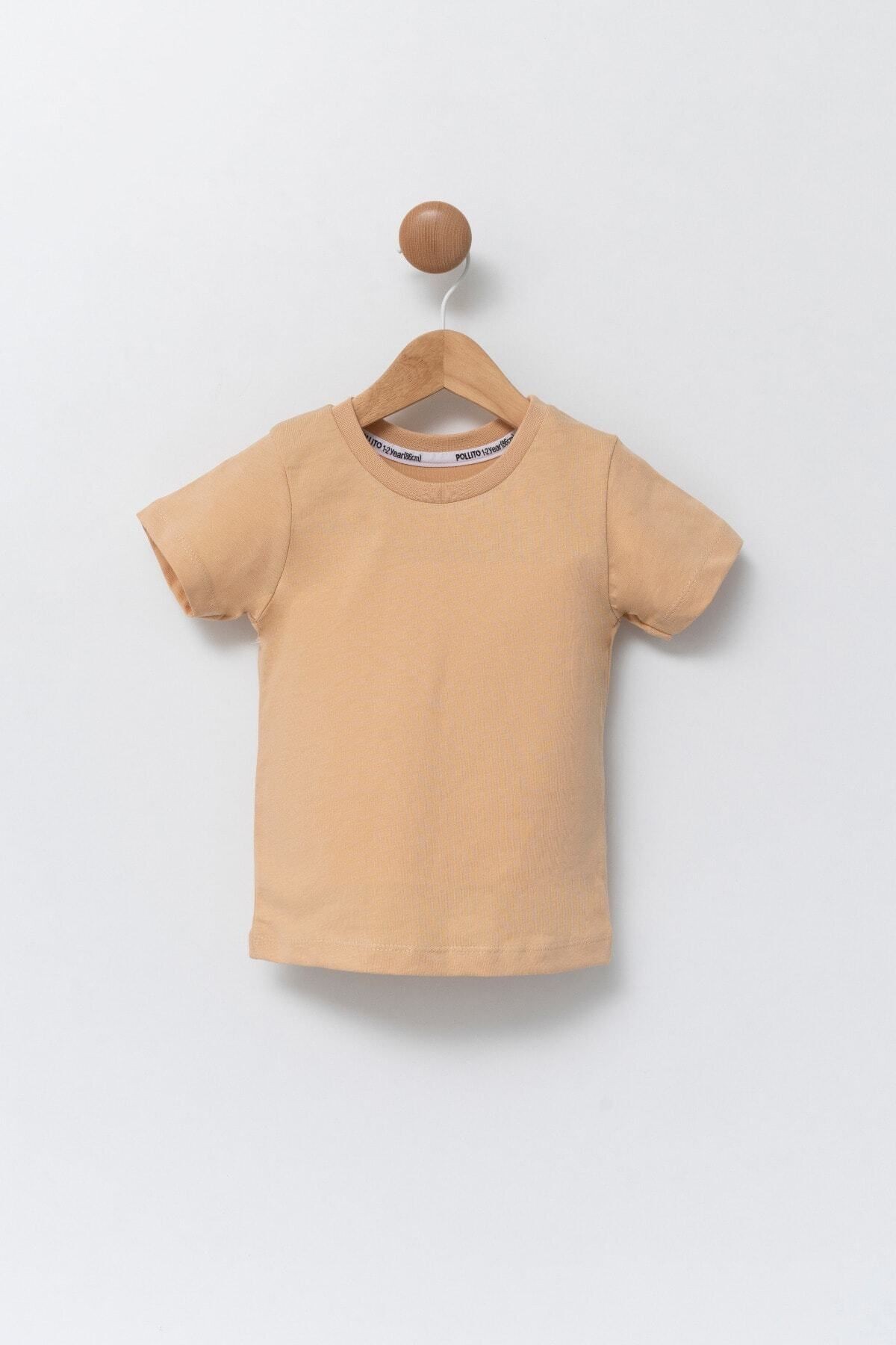 Çocuk Bej Bisiklet Yaka Basic Düz T-shirt %100 Pamuk