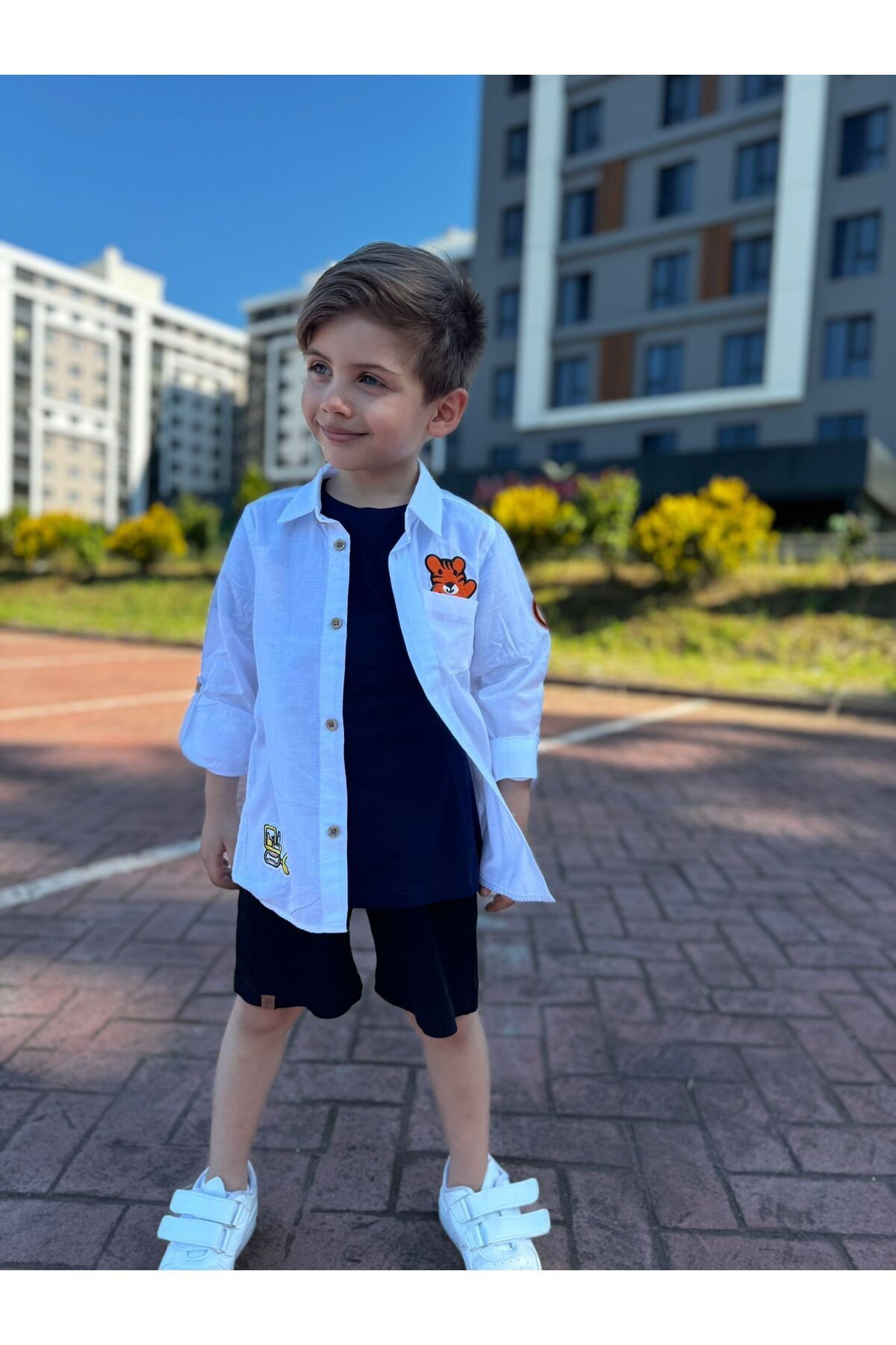 Erkek Çocuk Beyaz Boyamalı Pamuklu Gömlek Tişört 2'li Takım