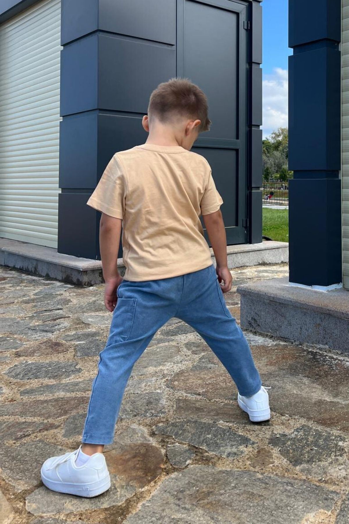 Çocuk Bej Bisiklet Yaka Basic Düz T-shirt %100 Pamuk
