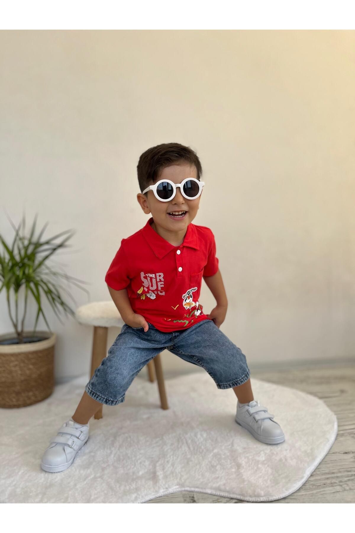 Erkek Çocuk Summer Baskılı Polo Yaka Saks Mavi Tişört Kot Şort 2'li Takım