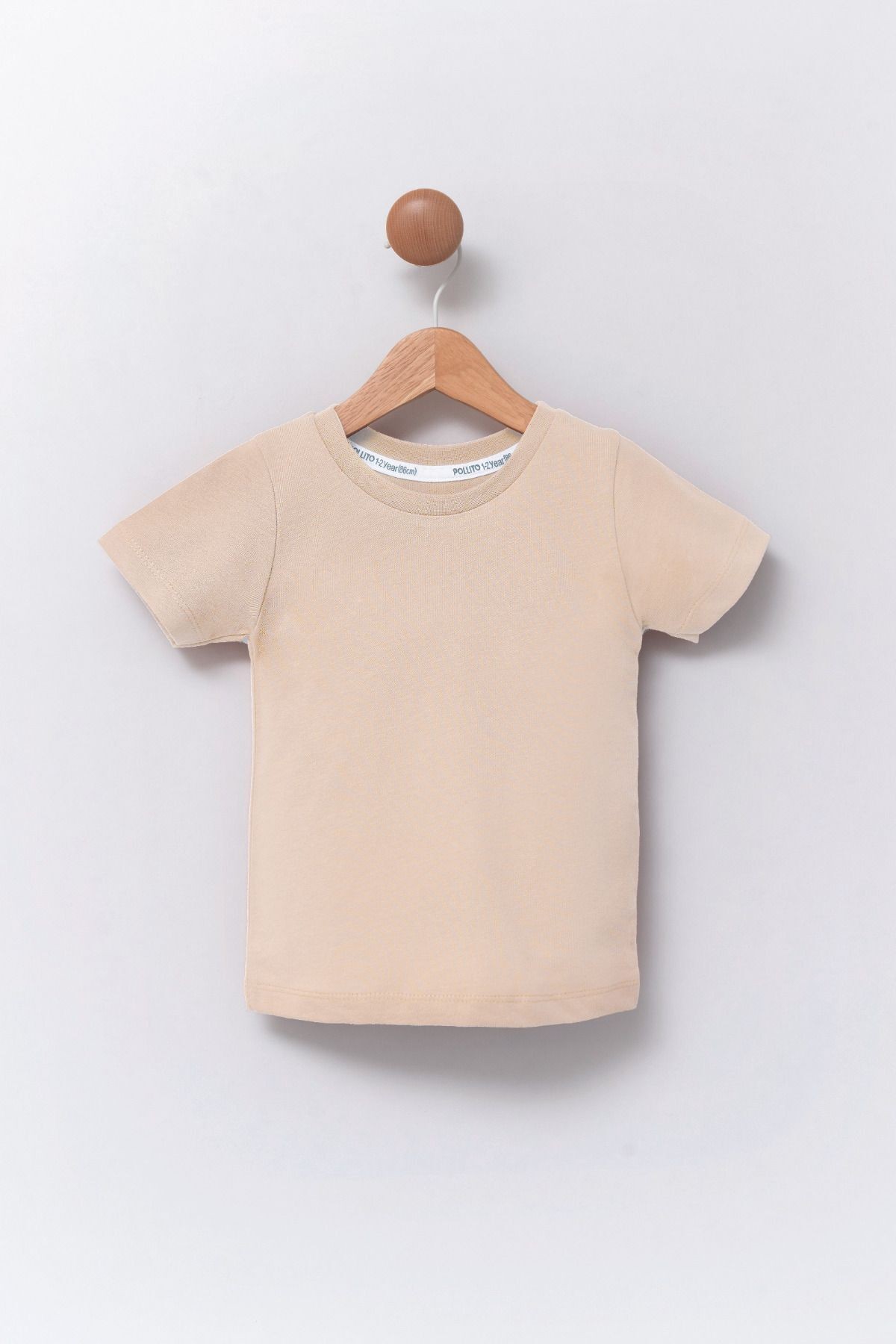 Çocuk Bej Bisiklet Yaka Basic Düz T-shirt %100 Pamuk - ekru