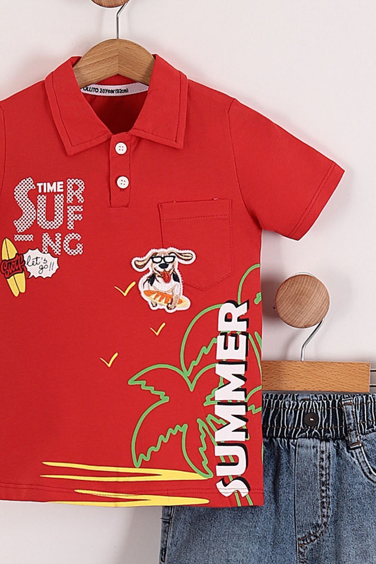 Erkek Çocuk Summer Baskılı Polo Yaka Saks Mavi Tişört Kot Şort 2'li Takım