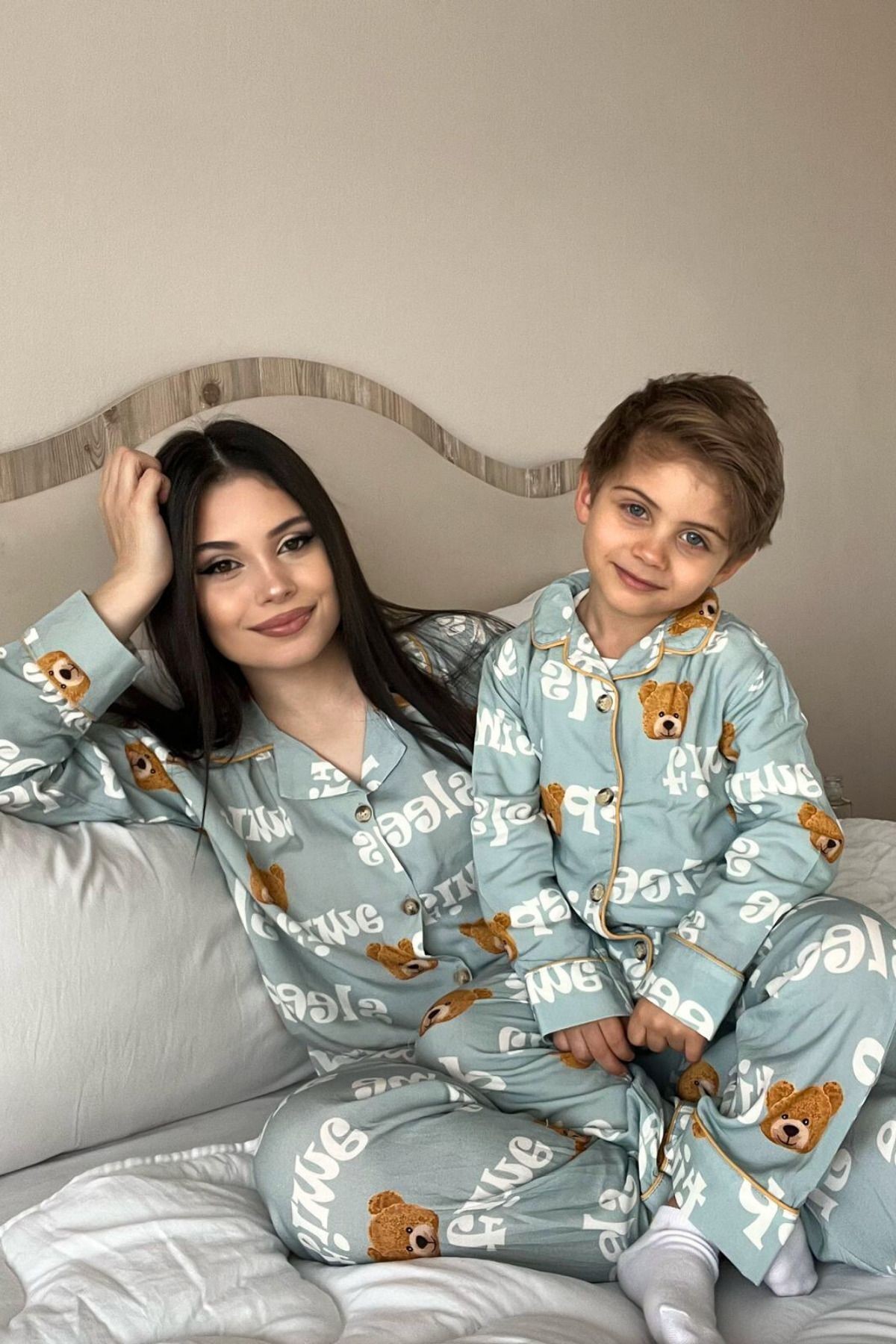 Unisex Çocuk Önü Düğmeli Mavi Ayıcık Sleep Desenli 2 Parça Pijama takımı