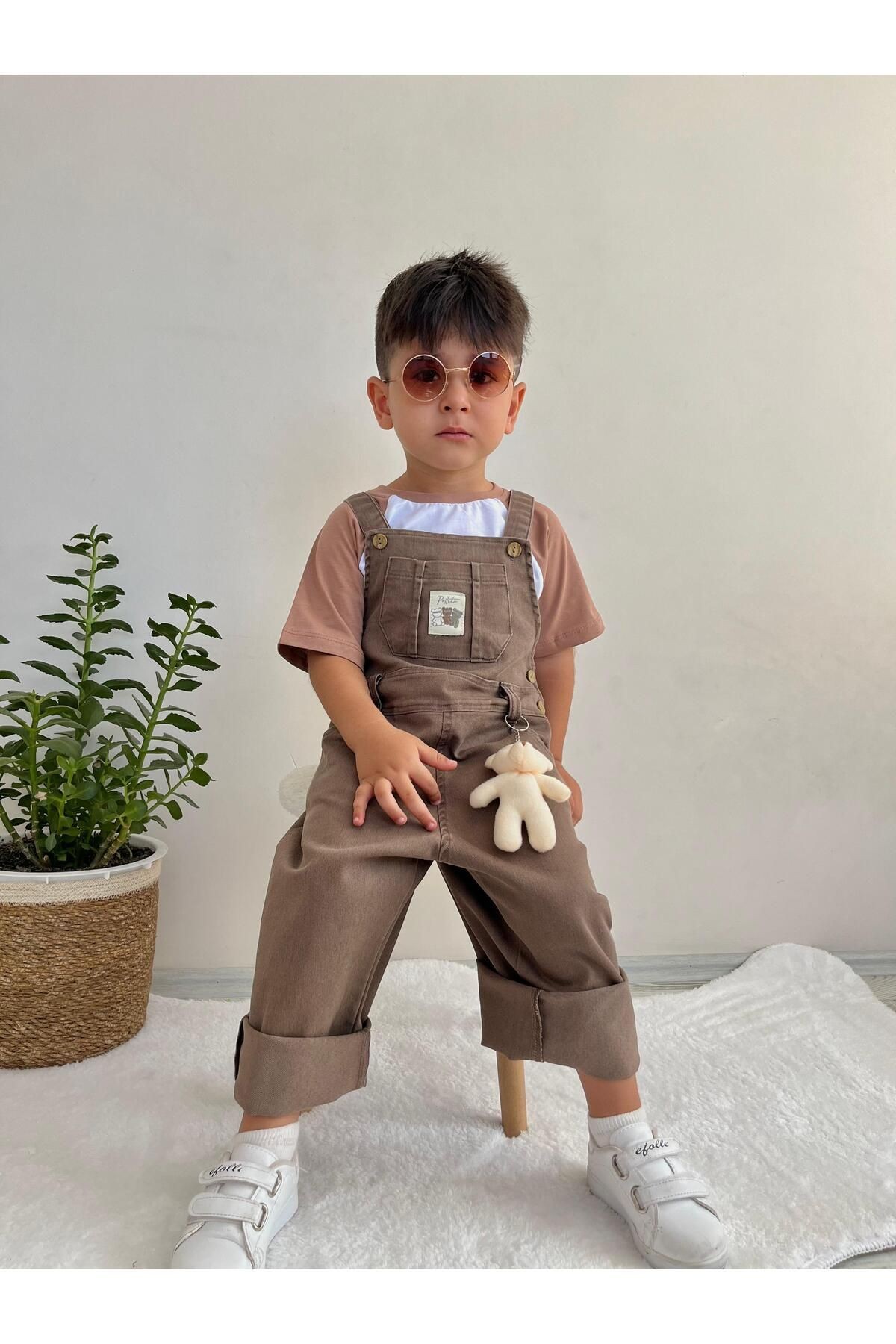 Erkek Çocuk Ayarlanabilir Düğmeli Ayıcık Teddy Oyuncaklı Sülfür Salopet Tişört 2'li Takım - koyu kahverengi