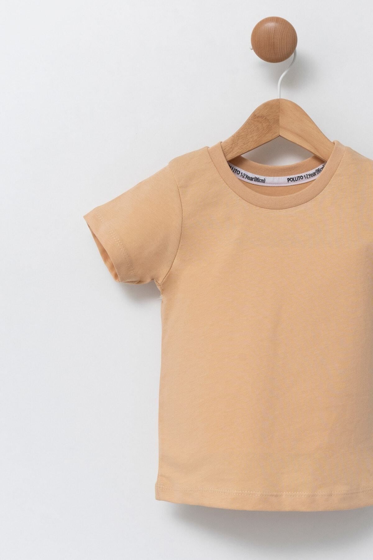 Çocuk Bej Bisiklet Yaka Basic Düz T-shirt %100 Pamuk
