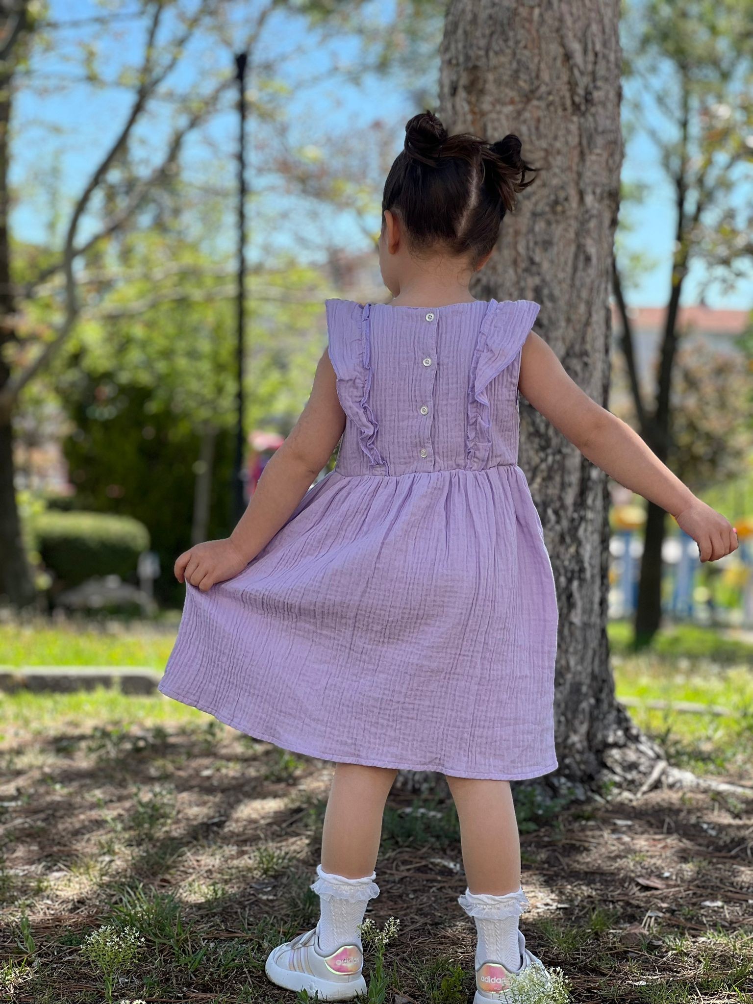 Kız Çocuk Fiyonk Detaylı Astarlı Müslin Elbise