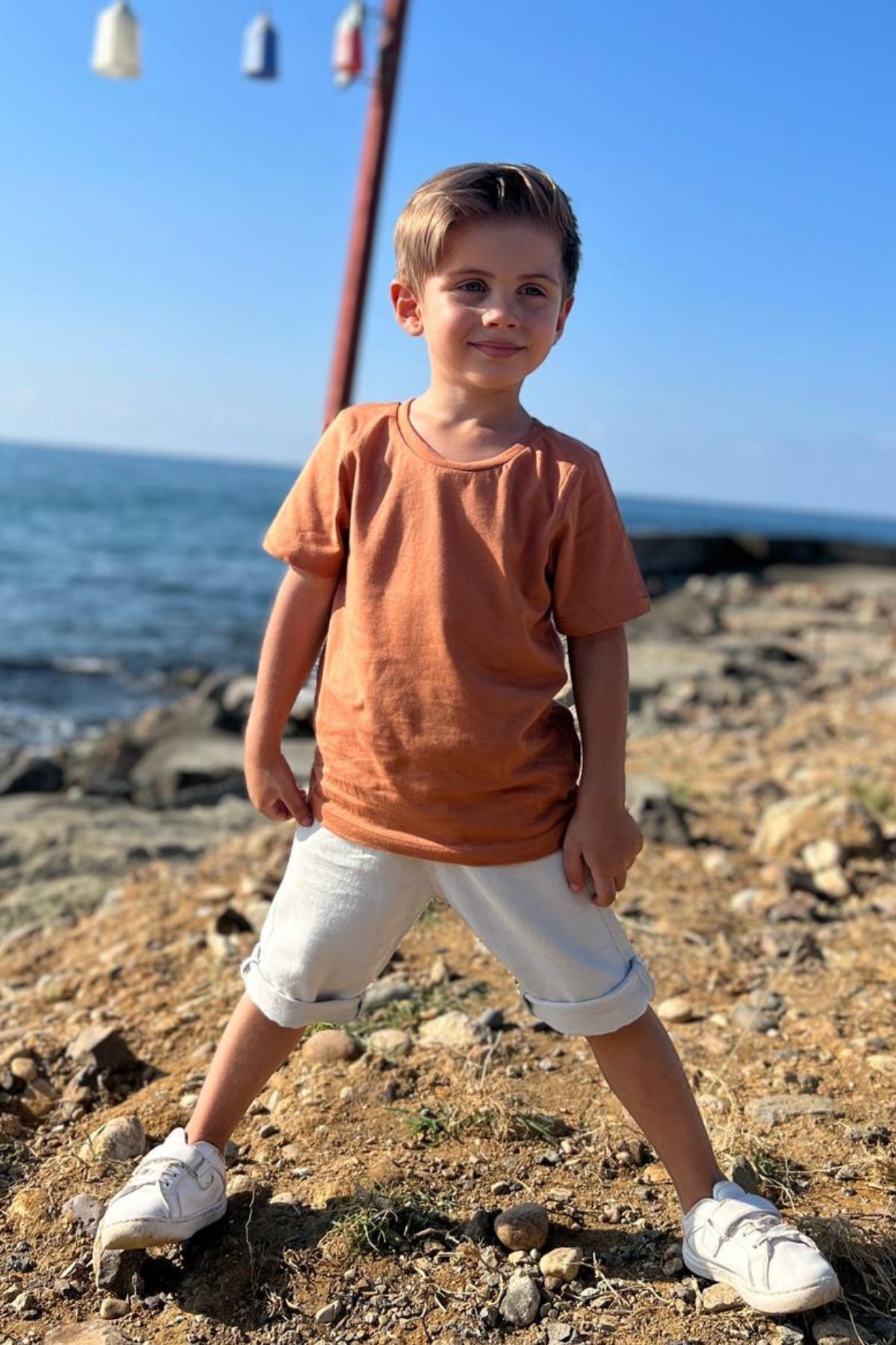 Çocuk Bej Bisiklet Yaka Basic Düz T-shirt %100 Pamuk - kiremit