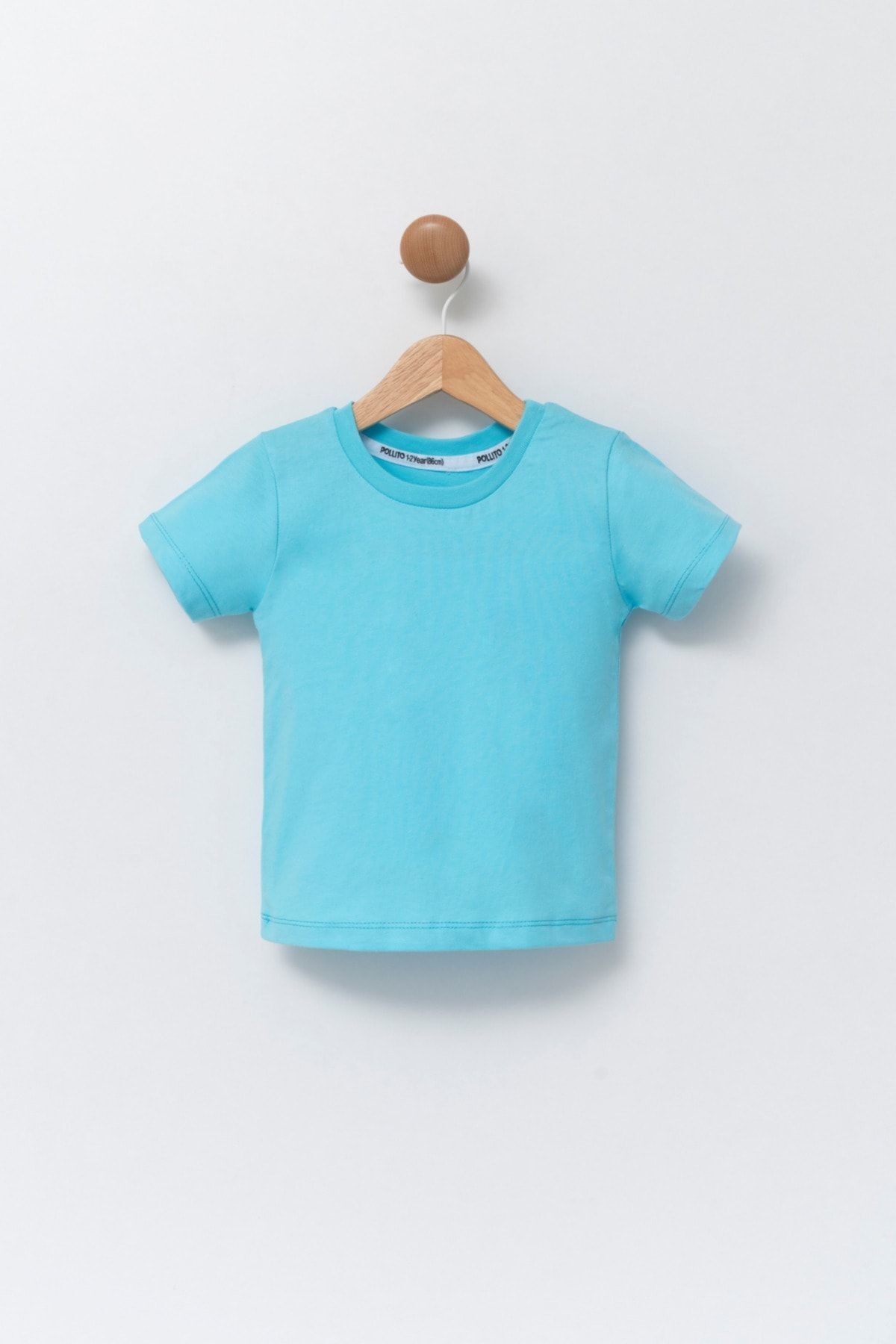 Çocuk Bej Bisiklet Yaka Basic Düz T-shirt %100 Pamuk - mavi