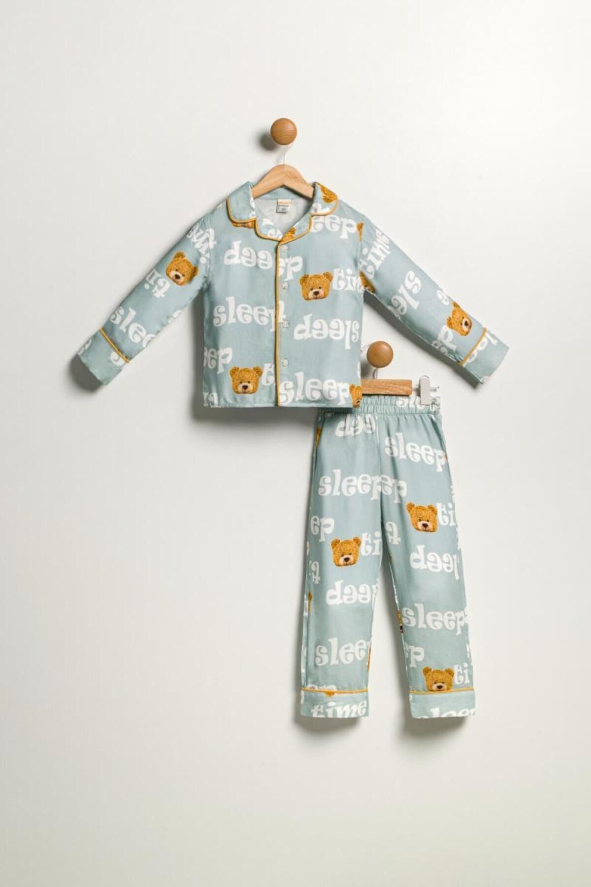 Unisex Çocuk Önü Düğmeli Mavi Ayıcık Sleep Desenli 2 Parça Pijama takımı