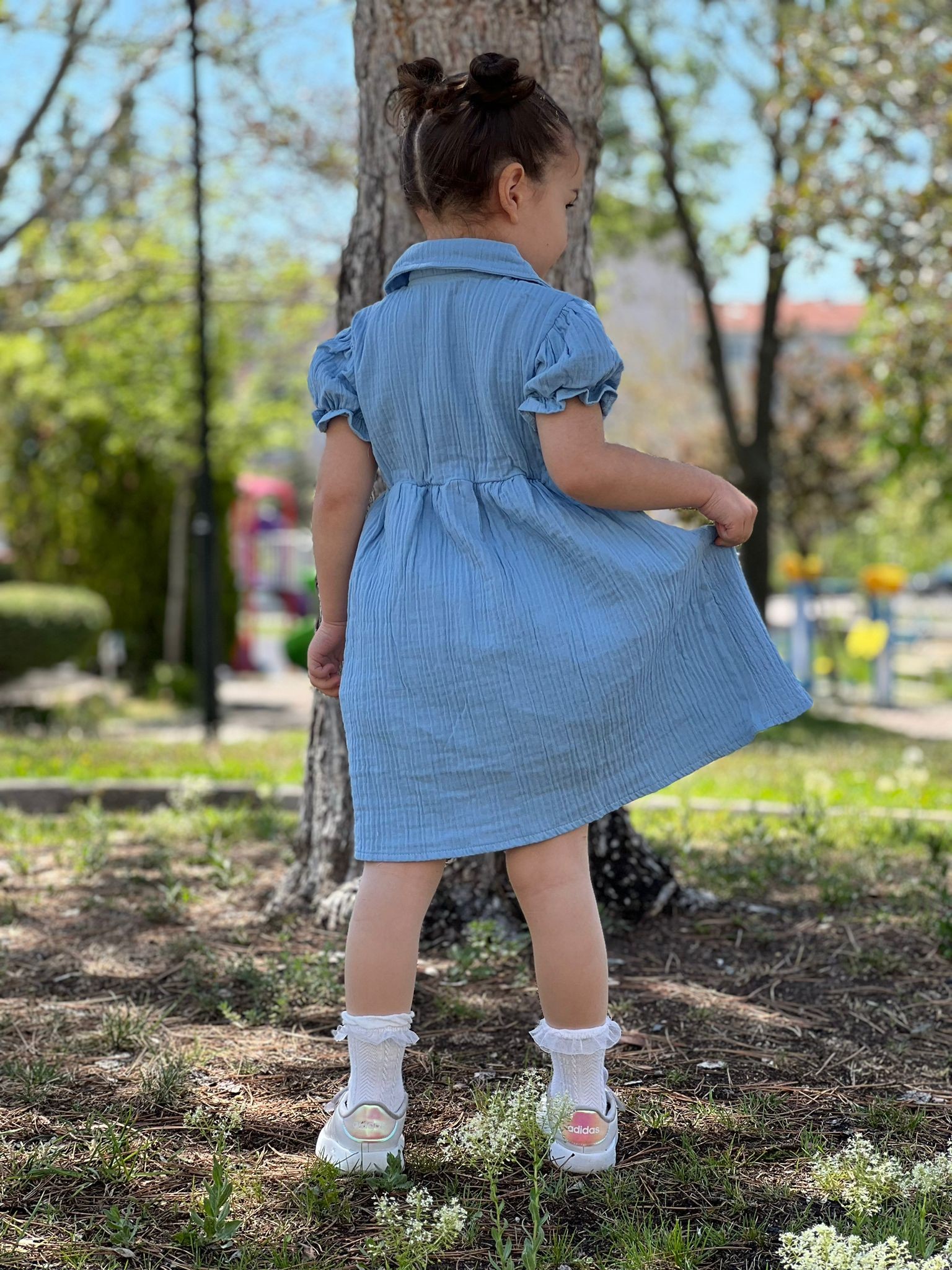 Kız Çocuk Astarlı Gömlek Yakalı Önü Düğmeli Müslin Elbise