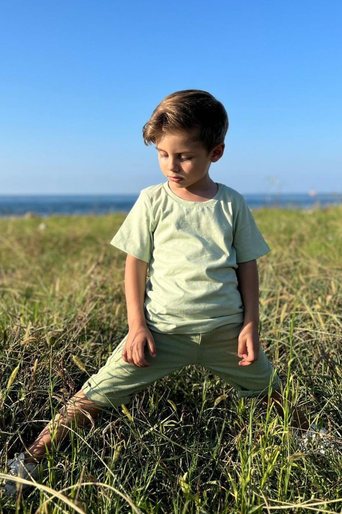 Çocuk Bej Bisiklet Yaka Basic Düz T-shirt %100 Pamuk - su yeşili