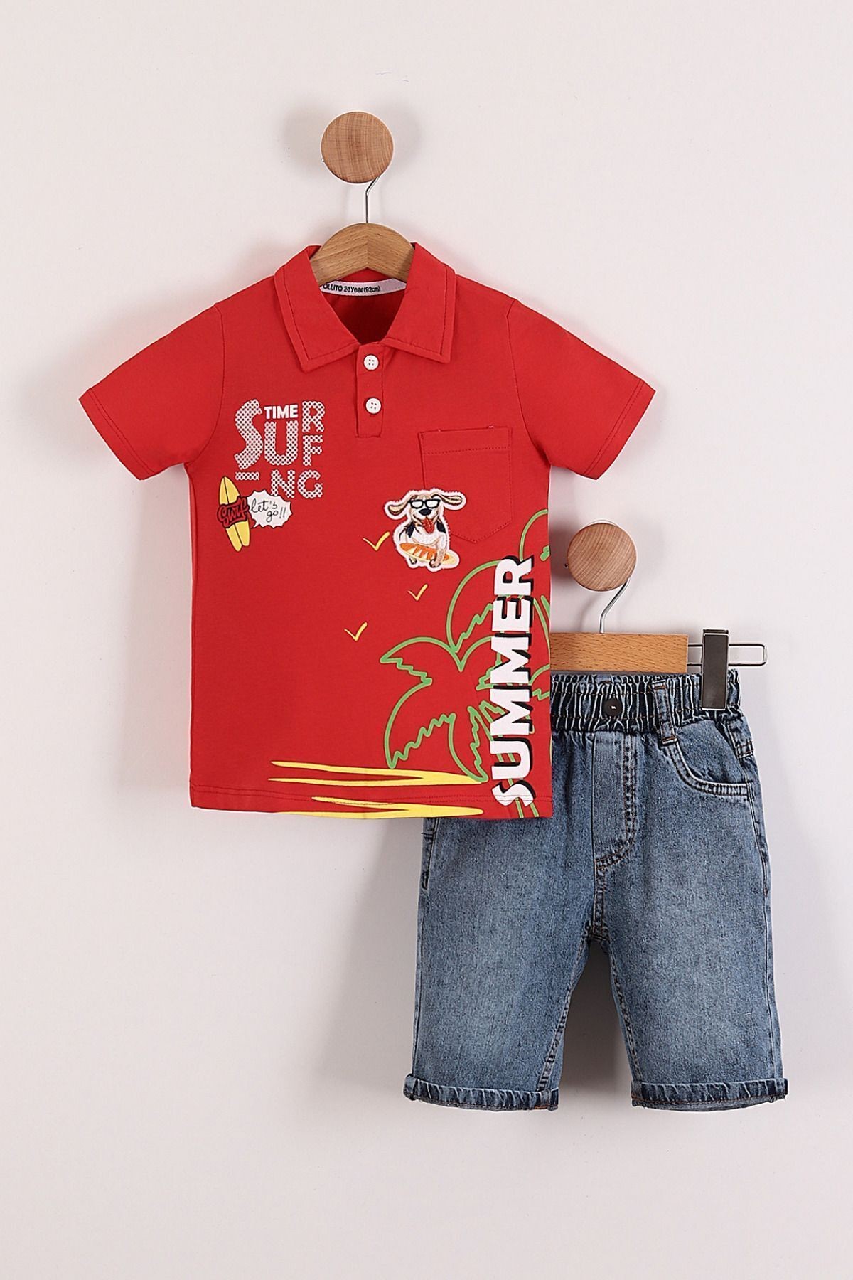 Erkek Çocuk Summer Baskılı Polo Yaka Saks Mavi Tişört Kot Şort 2'li Takım