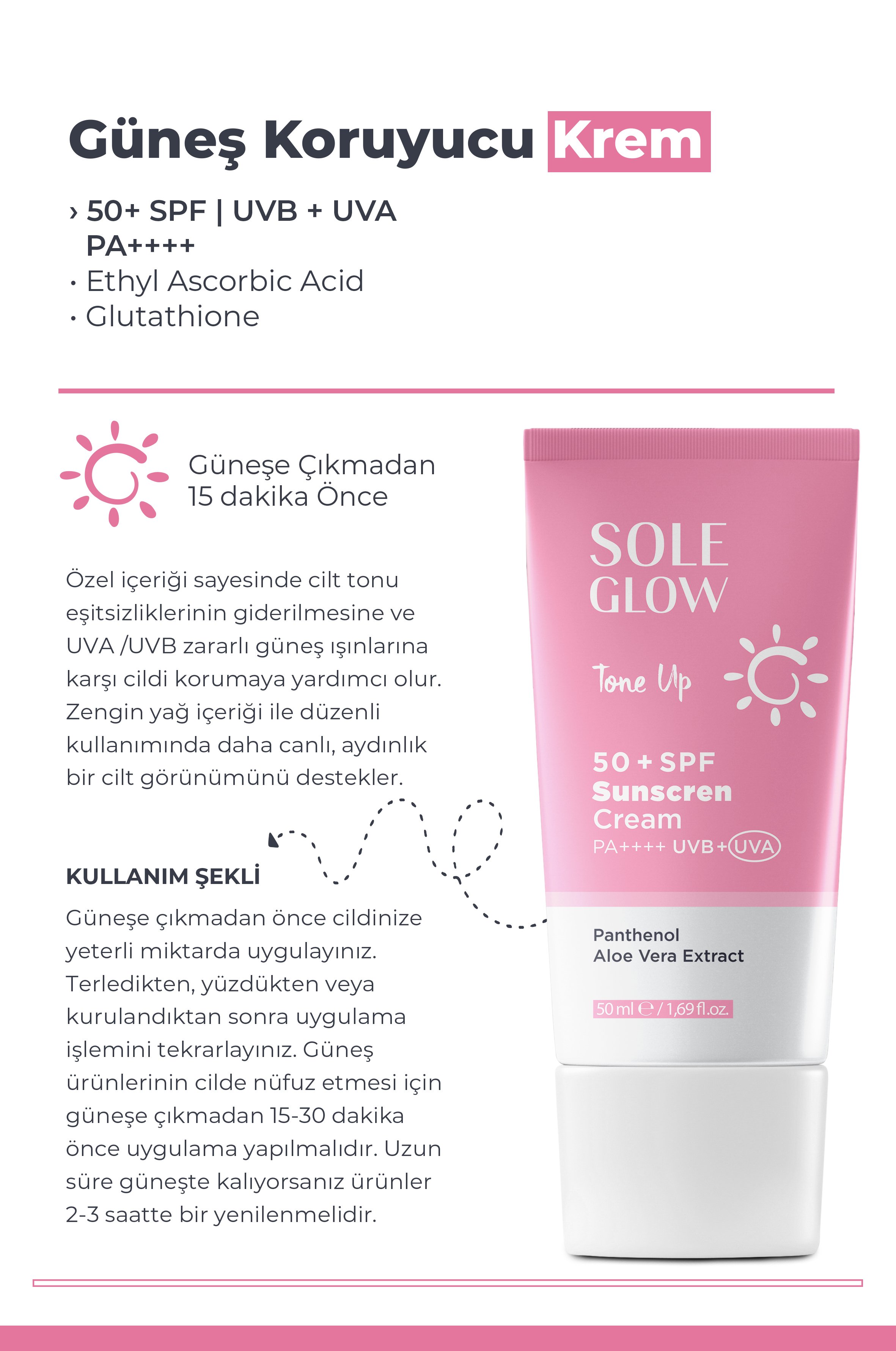 Pink Sun Cream SPF50+ 50ml | Ton Eşitleyici & Aydınlatıcı Yüz Güneş Kremi