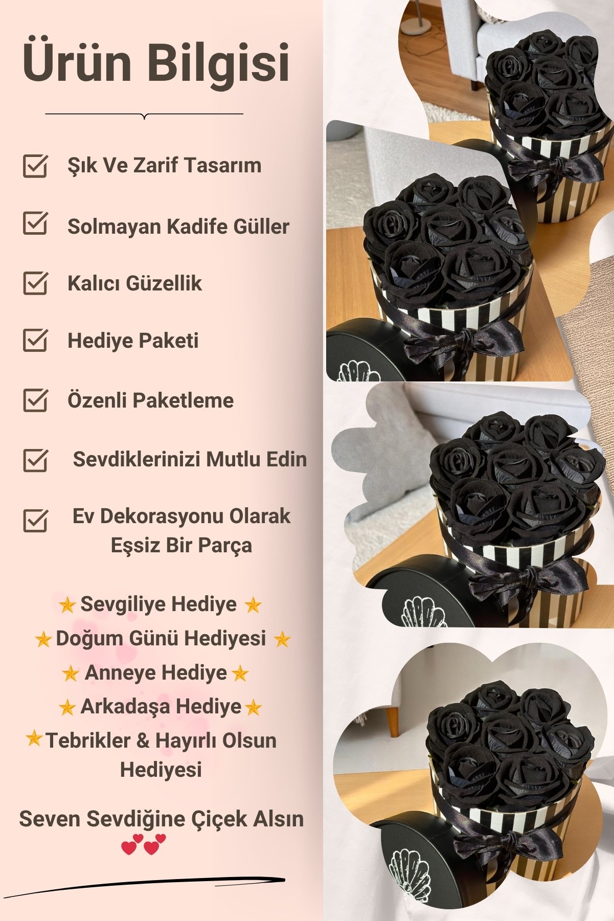 Sevgiliye Özel Hediye Gül Kutu Siyah Hediyelik Çiçek Doğum Günü Sepeti Kız Arkadaşa Eşe Sevgili