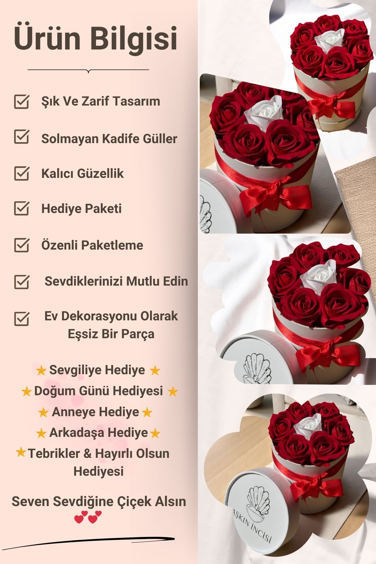 Sevgiliye Özel Hediye Gül Kutu Kırmızı Beyaz Hediyelik Çiçek Doğum Günü Hediyesi