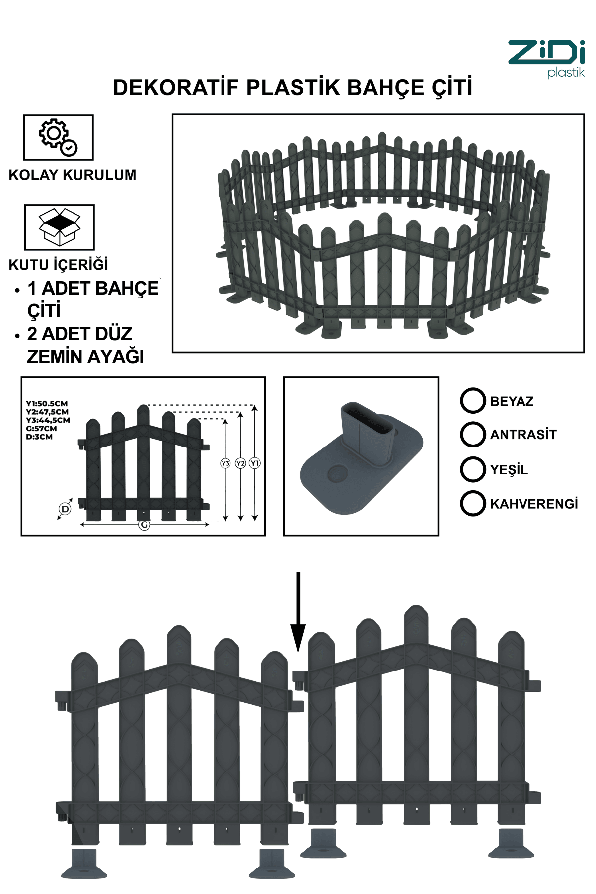 Dekoratif Plastik Alan Oluşturma ve Bahçe Çiti 1 ADET ÇİT (Y: 50 CM / G: 55 CM) SERT ZEMİN AYAKLI