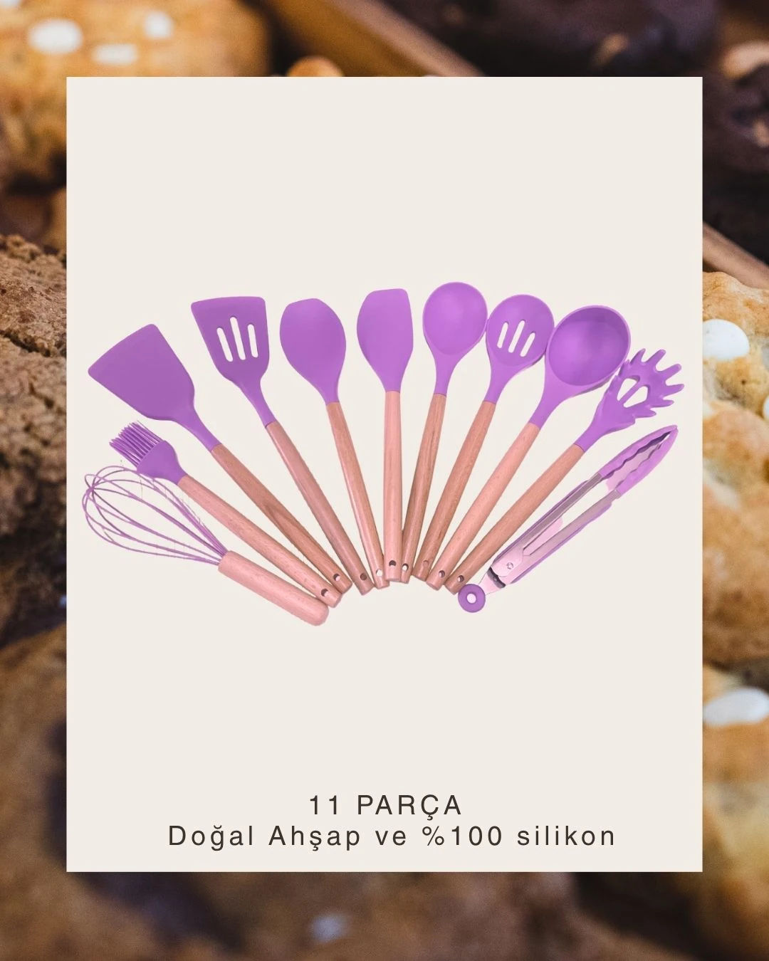 Bambu Saplı Silikon 11 Parça Mutfak Seti - lila
