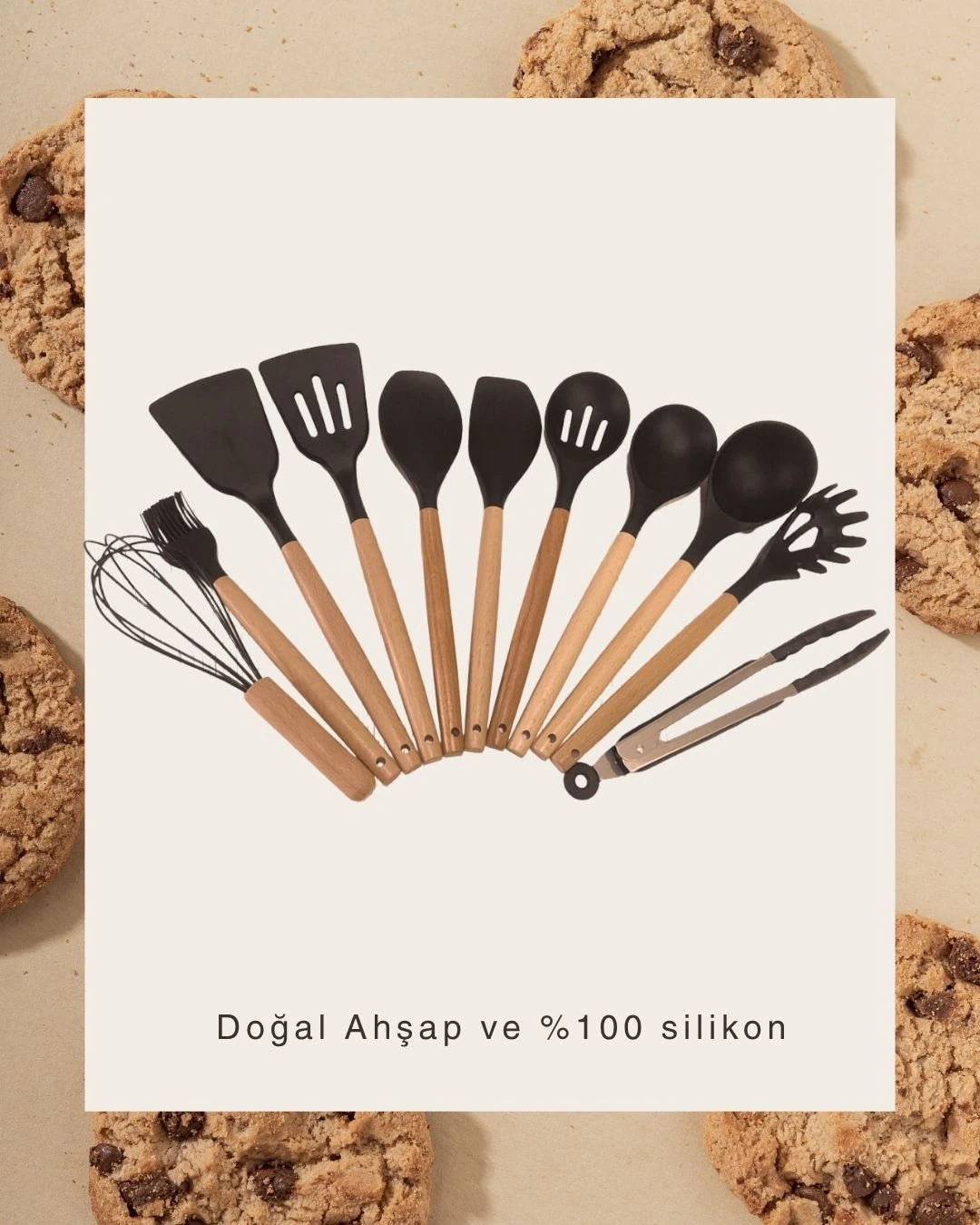 Bambu Saplı Silikon 11 Parça Mutfak Seti - siyah