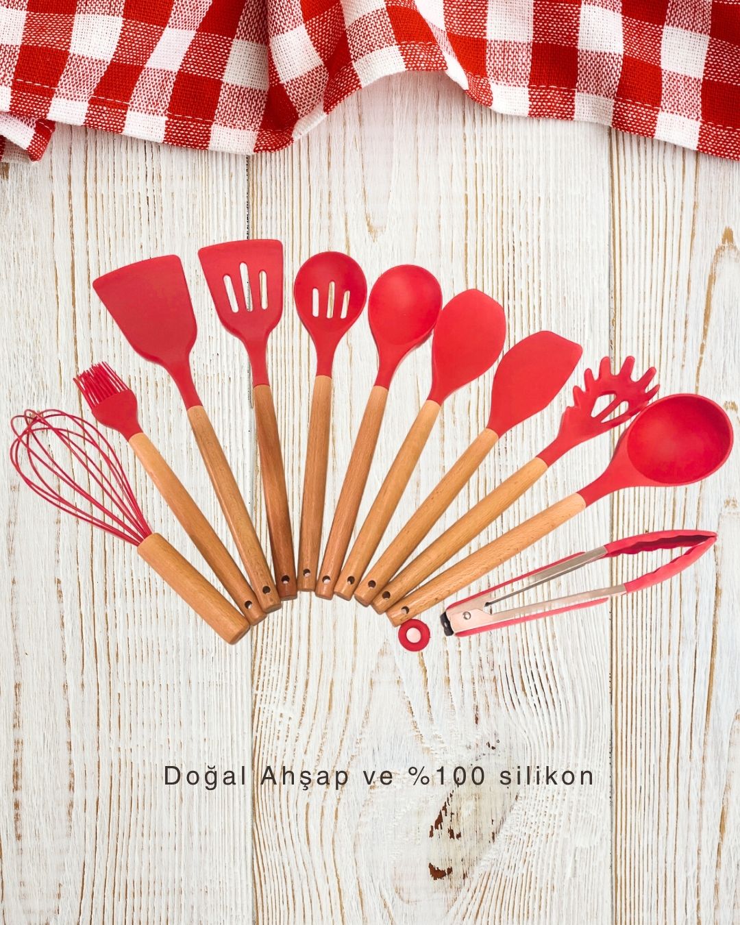 Bambu Saplı Silikon 11 Parça Mutfak Seti - kırmızı