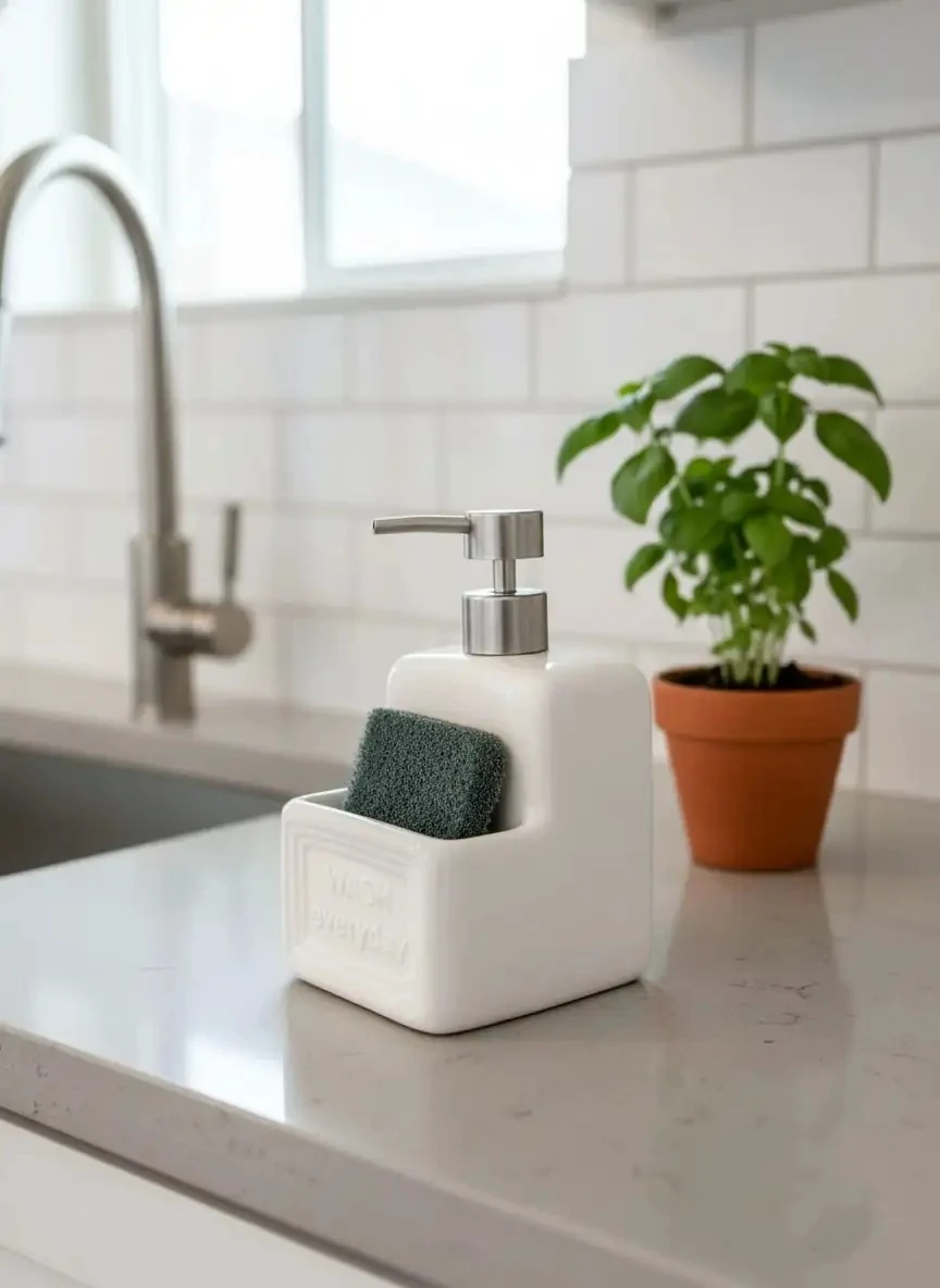 SÜNGER HAZNELİ SERAMİK KREM SIVI SABUNLUK