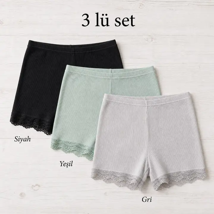 İncili Tekstil Kadın 3'lü Dantel Paçalı Fitilli Boxer Şort Seti - Siyah, Yeşil, Gri