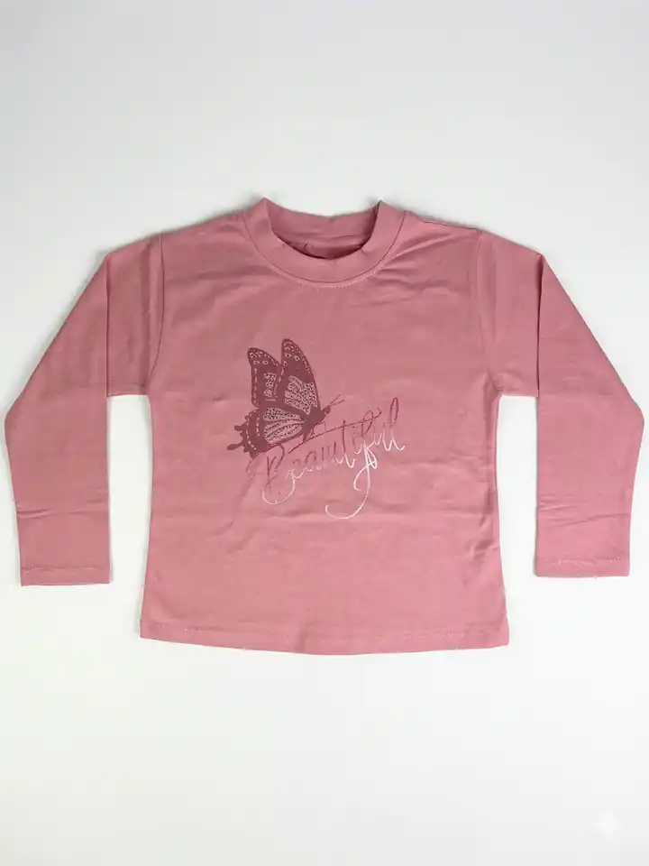 İncili Tekstil Kız Çocuk Pembe Kelebek Baskılı Sweatshirt - Gümüş Simli Detaylı İnce Penye Sweat – görsel 2